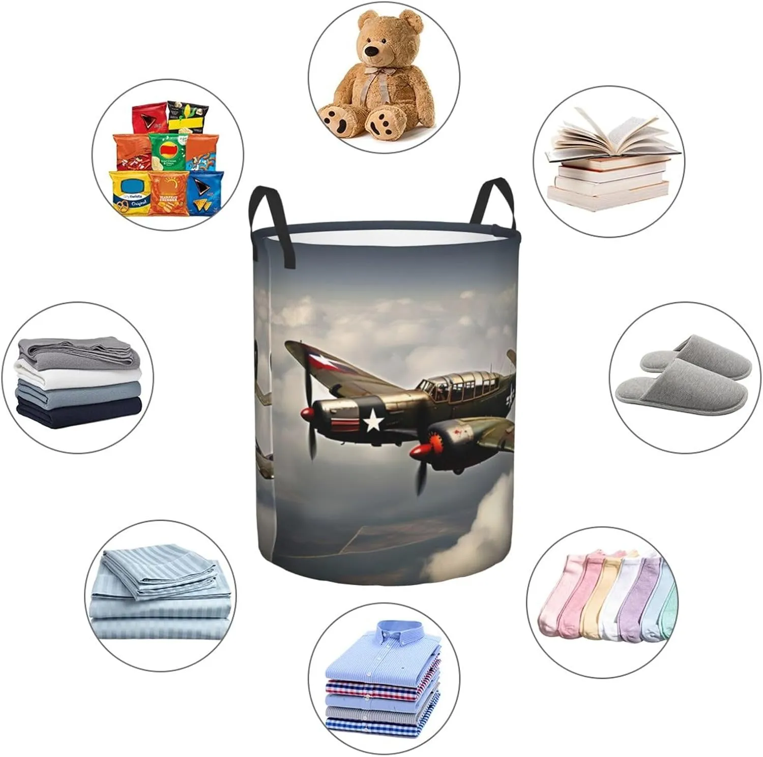 World War 2 Aircraft Airplane Large Laundry Hampers, Collapsible Tall Clothes Baskets, Washing Bag For Bathroom, Bedrooms