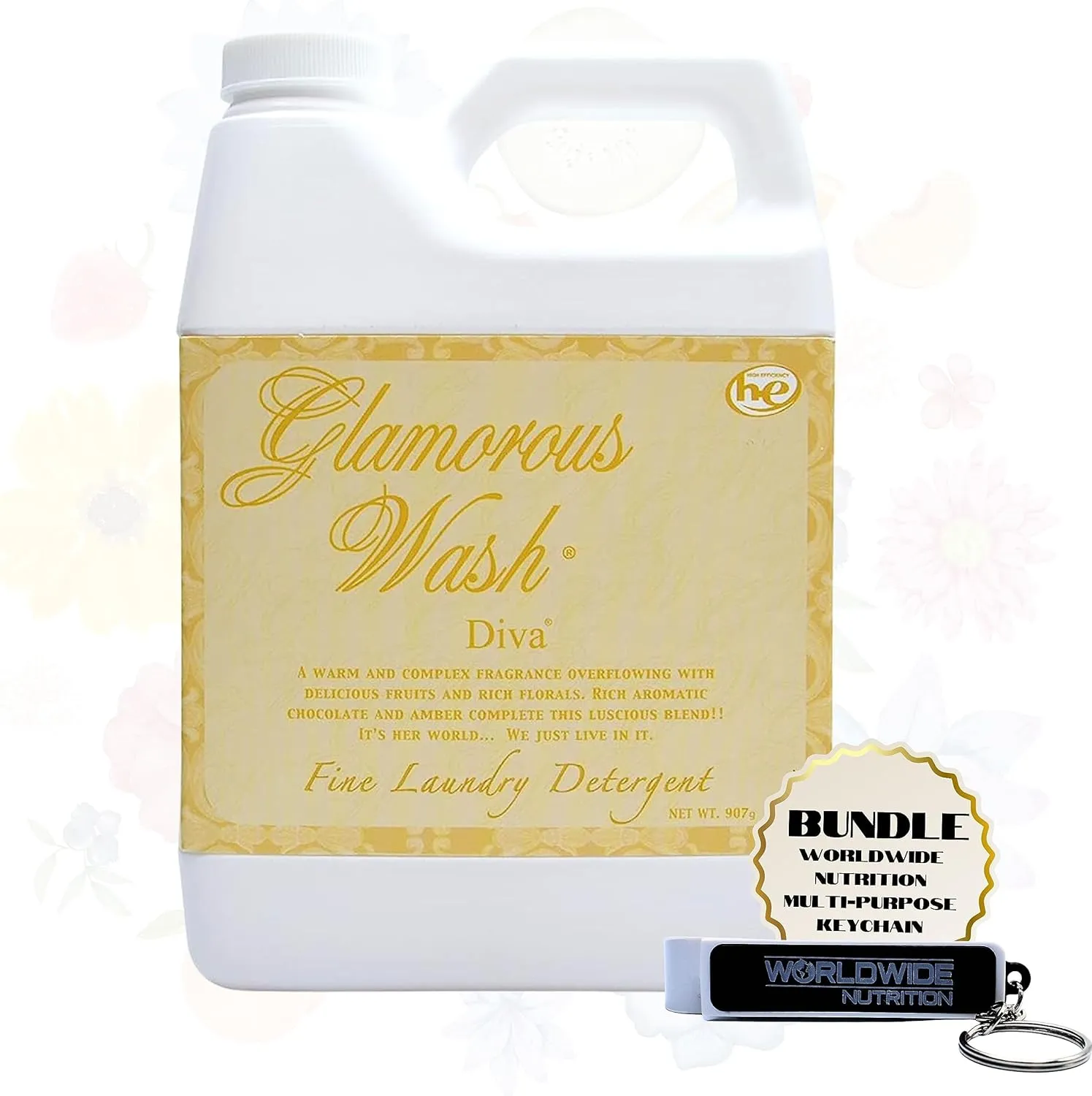 Worldwide Nutrition Bundle: Tyler Glamorous Wash Diva Laundry Liquid Detergent - Hand and Machine Washable - 907g (32 Fl Oz) and Multi-Purpose Key Chain