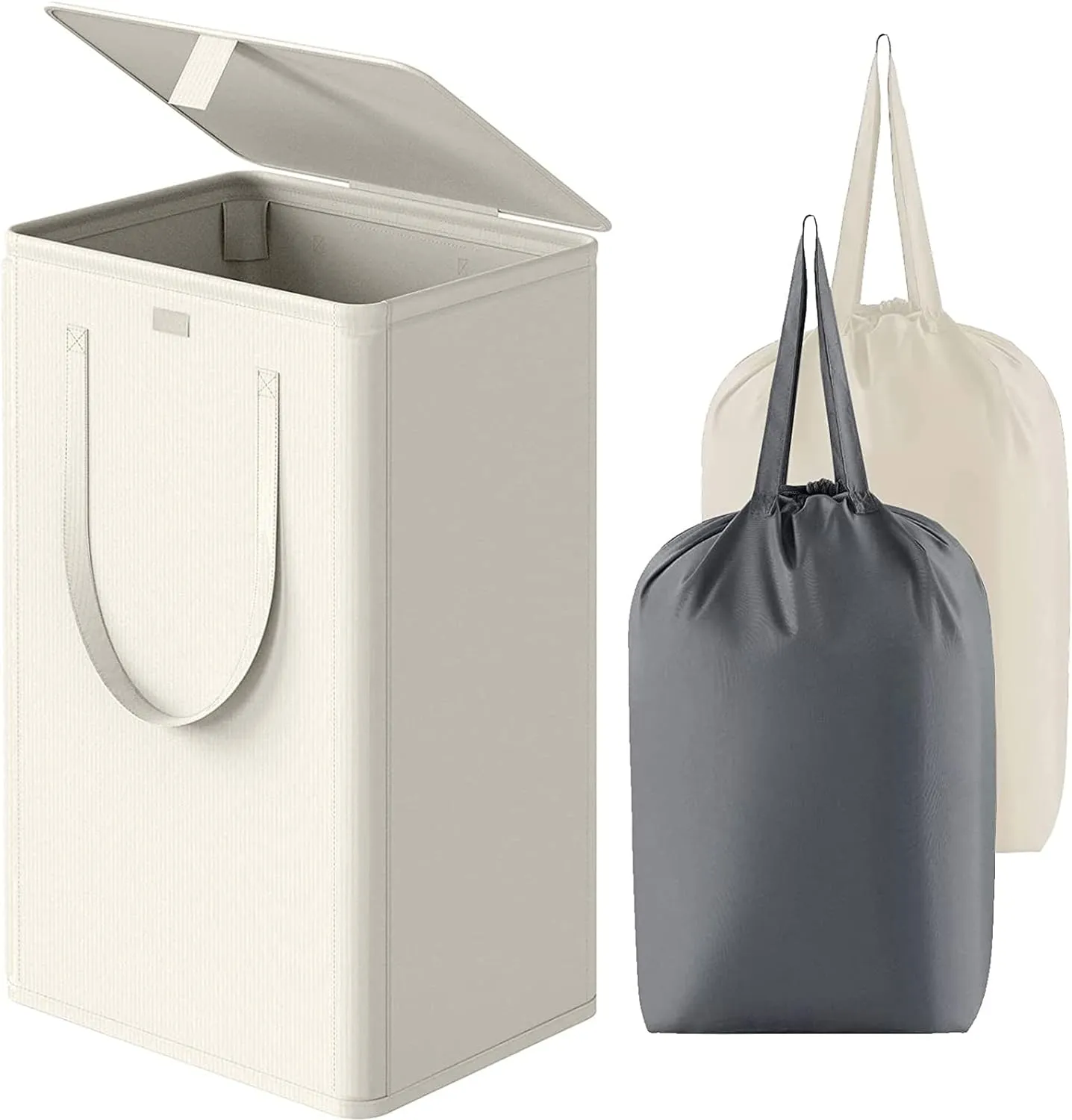 WOWLIVE 100L Laundry Hamper with Lid, Large Foldbale Laundry Basket with 2 Removable Bags and Handles, Tall Collapsible Dirty Clothes Hamper for Laundry Room, Bathroom, Dorm (Beige)