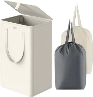 WOWLIVE 100L Laundry Hamper with Lid, Large Foldbale Laundry Basket with 2 Removable Bags and Handles, Tall Collapsible Dirty Clothes Hamper for Laundry Room, Bathroom, Dorm (Beige)