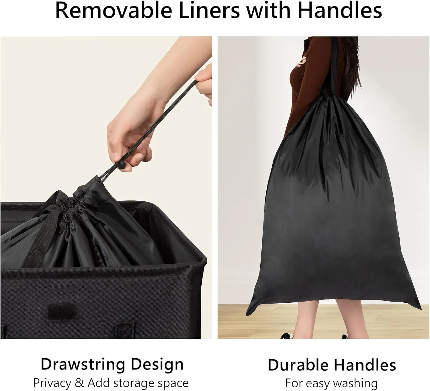WOWLIVE 100L Laundry Hamper with Lid, Large Foldbale Laundry Basket with 2 Removable Bags and Handles, Tall Collapsible Dirty Clothes Hamper for Laundry Room, Bathroom, Dorm (Black)