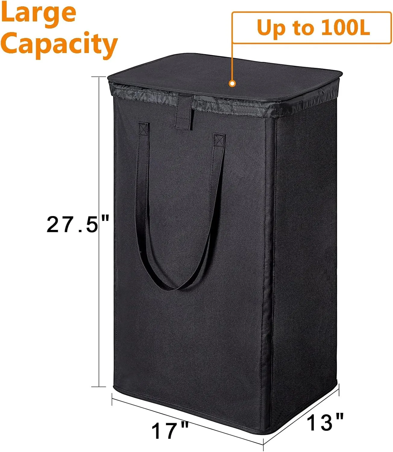 WOWLIVE 100L Laundry Hamper with Lid, Large Foldbale Laundry Basket with 2 Removable Bags and Handles, Tall Collapsible Dirty Clothes Hamper for Laundry Room, Bathroom, Dorm (Black)