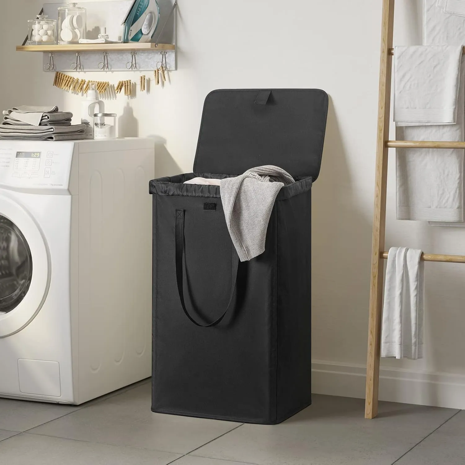 WOWLIVE 100L Laundry Hamper with Lid, Large Foldbale Laundry Basket with 2 Removable Bags and Handles, Tall Collapsible Dirty Clothes Hamper for Laundry Room, Bathroom, Dorm (Black)