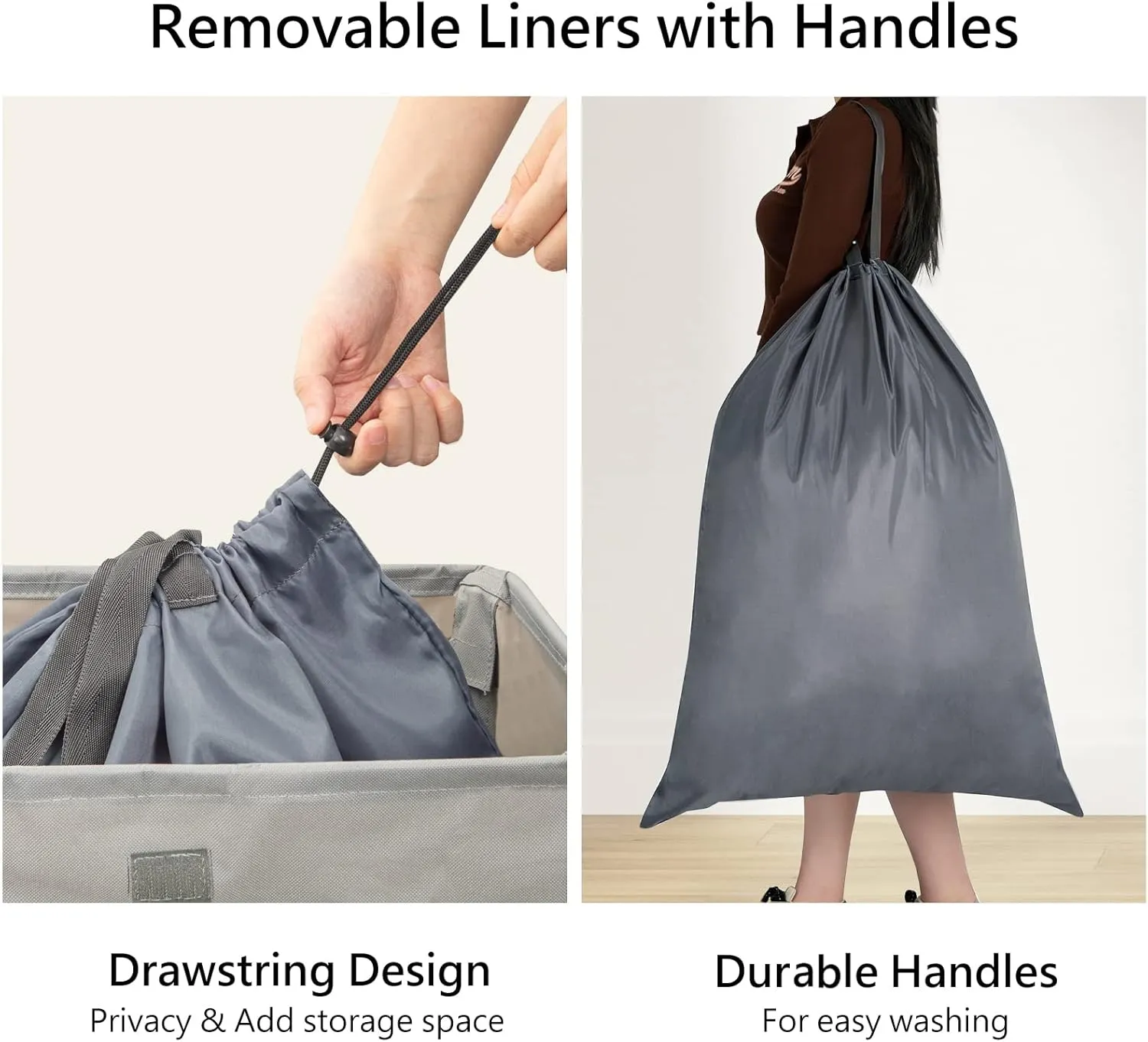 WOWLIVE 100L Laundry Hamper with Lid, Large Foldbale Laundry Basket with 2 Removable Bags and Handles, Tall Collapsible Dirty Clothes Hamper for Laundry Room, Bathroom, Dorm (Grey)