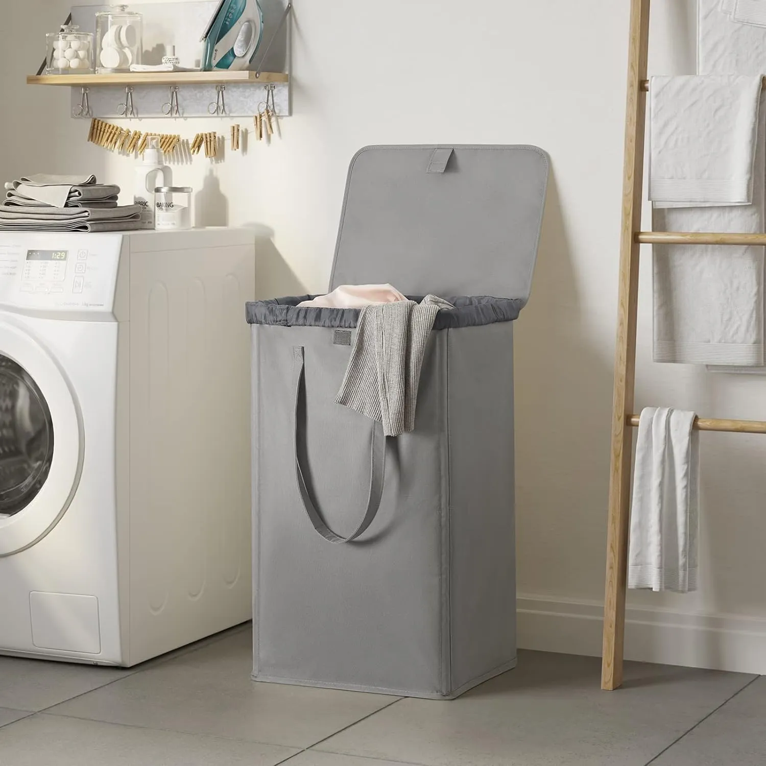 WOWLIVE 100L Laundry Hamper with Lid, Large Foldbale Laundry Basket with 2 Removable Bags and Handles, Tall Collapsible Dirty Clothes Hamper for Laundry Room, Bathroom, Dorm (Grey)