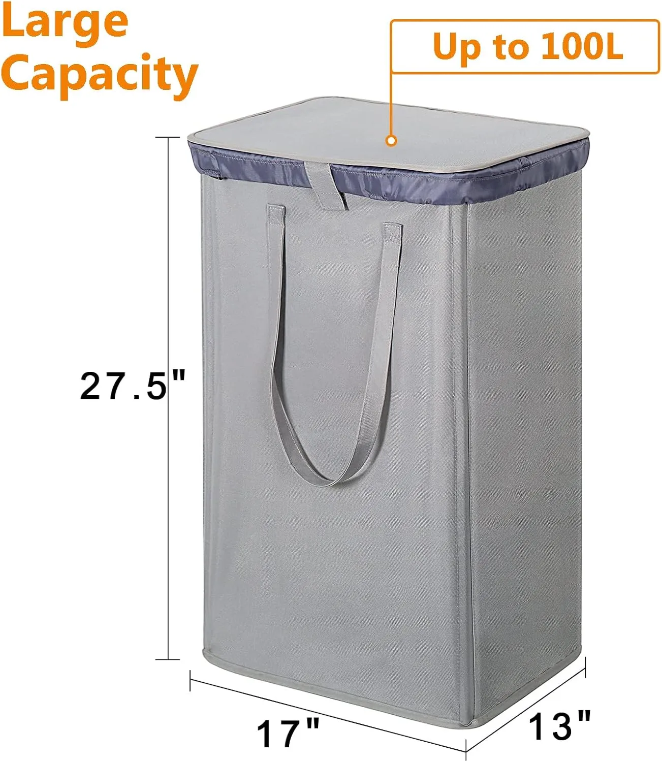 WOWLIVE 100L Laundry Hamper with Lid, Large Foldbale Laundry Basket with 2 Removable Bags and Handles, Tall Collapsible Dirty Clothes Hamper for Laundry Room, Bathroom, Dorm (Grey)