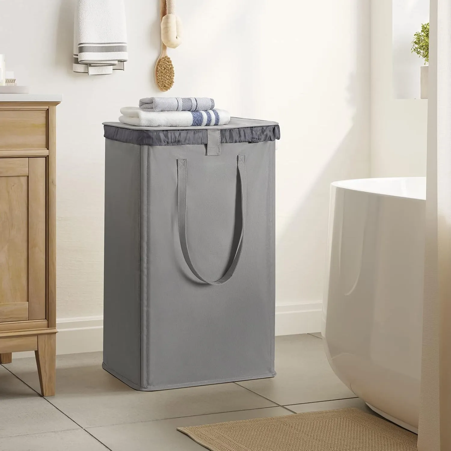 WOWLIVE 100L Laundry Hamper with Lid, Large Foldbale Laundry Basket with 2 Removable Bags and Handles, Tall Collapsible Dirty Clothes Hamper for Laundry Room, Bathroom, Dorm (Grey)
