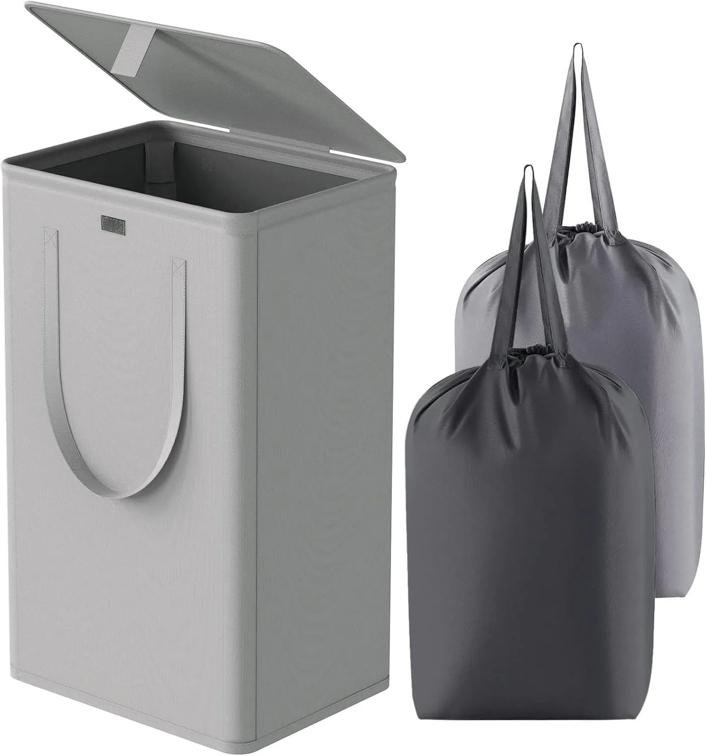 WOWLIVE 100L Laundry Hamper with Lid, Large Foldbale Laundry Basket with 2 Removable Bags and Handles, Tall Collapsible Dirty Clothes Hamper for Laundry Room, Bathroom, Dorm (Grey)