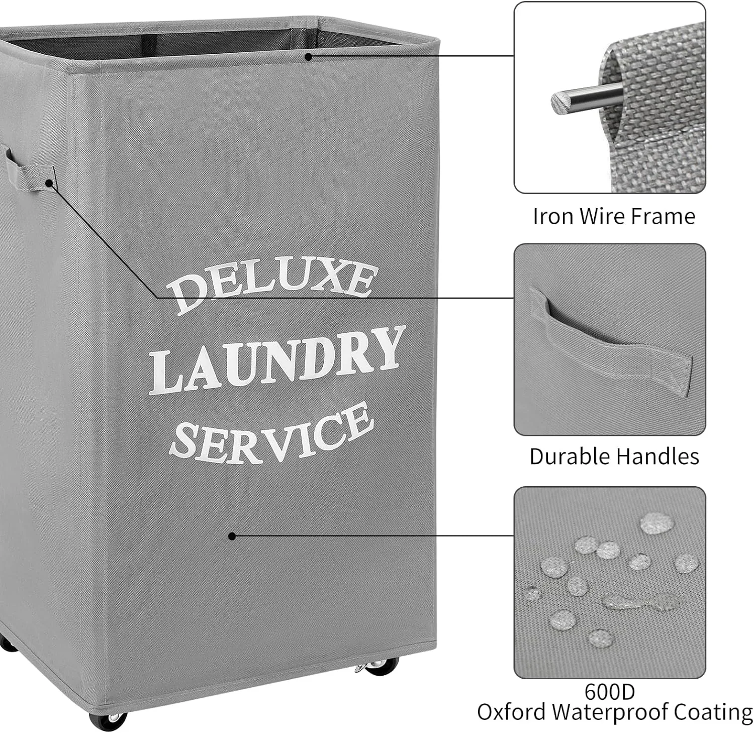 WOWLIVE Large Rolling Laundry Basket Wheels 90L Collapsible Tall Laundry Hamper Handle Foldable Dirty Clothing Basket Fold up Rectangular Hampers for Laundry Dorm Room (Grey)