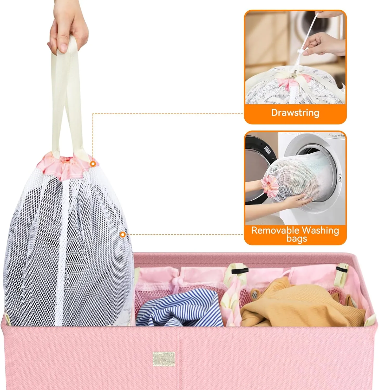 WOWLIVE Laundry Hamper with Lid,160L Large Laundry Basket 3 Section with Removable Washing Bags,Collapsible Waterproof Dirty Clothes Hamper for Laundry Room Bathroom Dorm,Pink