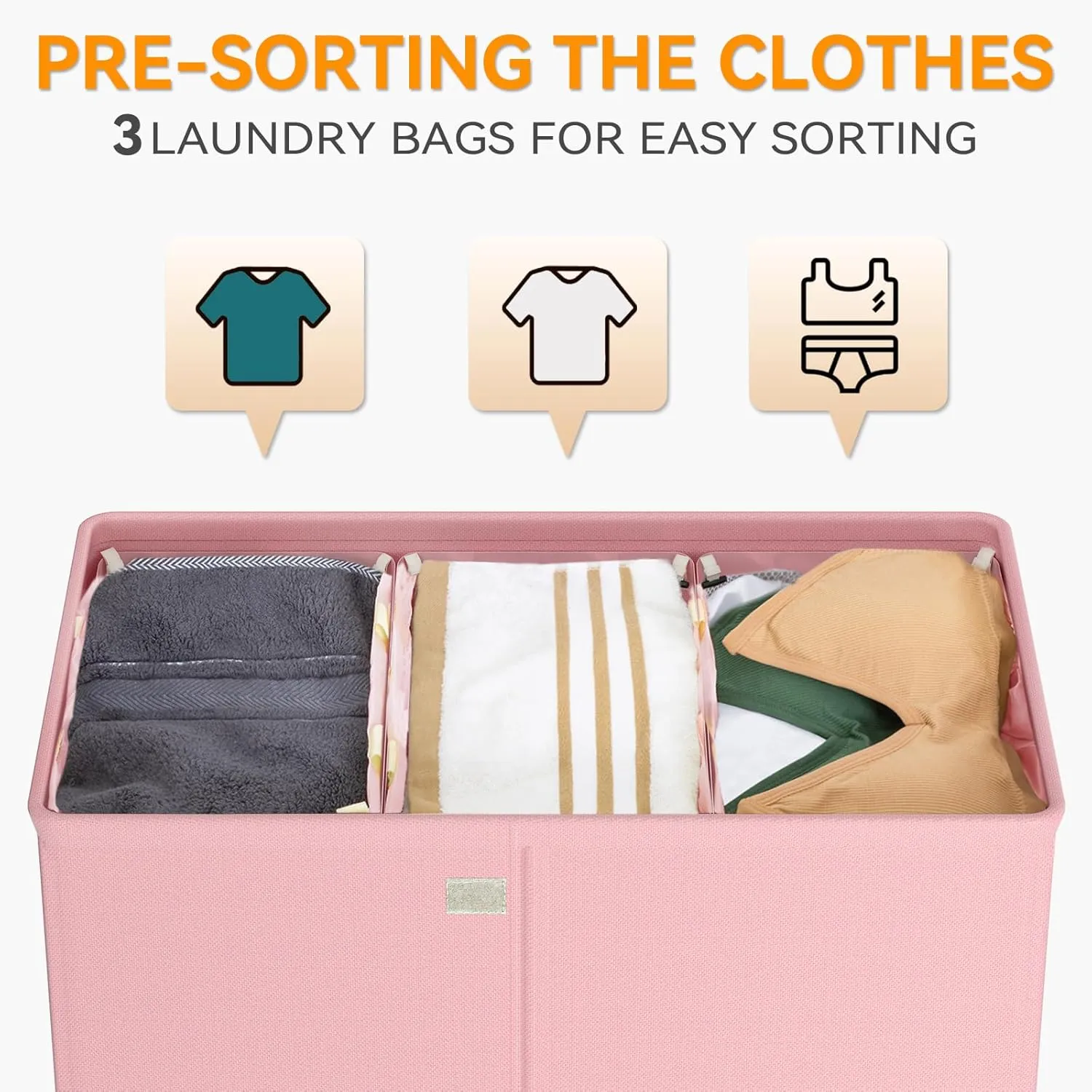 WOWLIVE Laundry Hamper with Lid,160L Large Laundry Basket 3 Section with Removable Washing Bags,Collapsible Waterproof Dirty Clothes Hamper for Laundry Room Bathroom Dorm,Pink