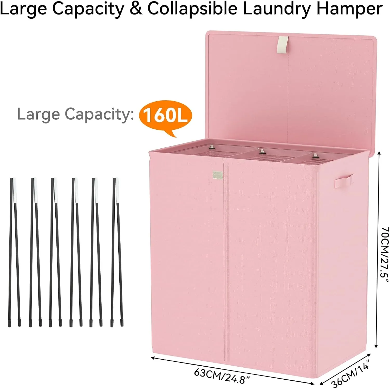 WOWLIVE Laundry Hamper with Lid,160L Large Laundry Basket 3 Section with Removable Washing Bags,Collapsible Waterproof Dirty Clothes Hamper for Laundry Room Bathroom Dorm,Pink