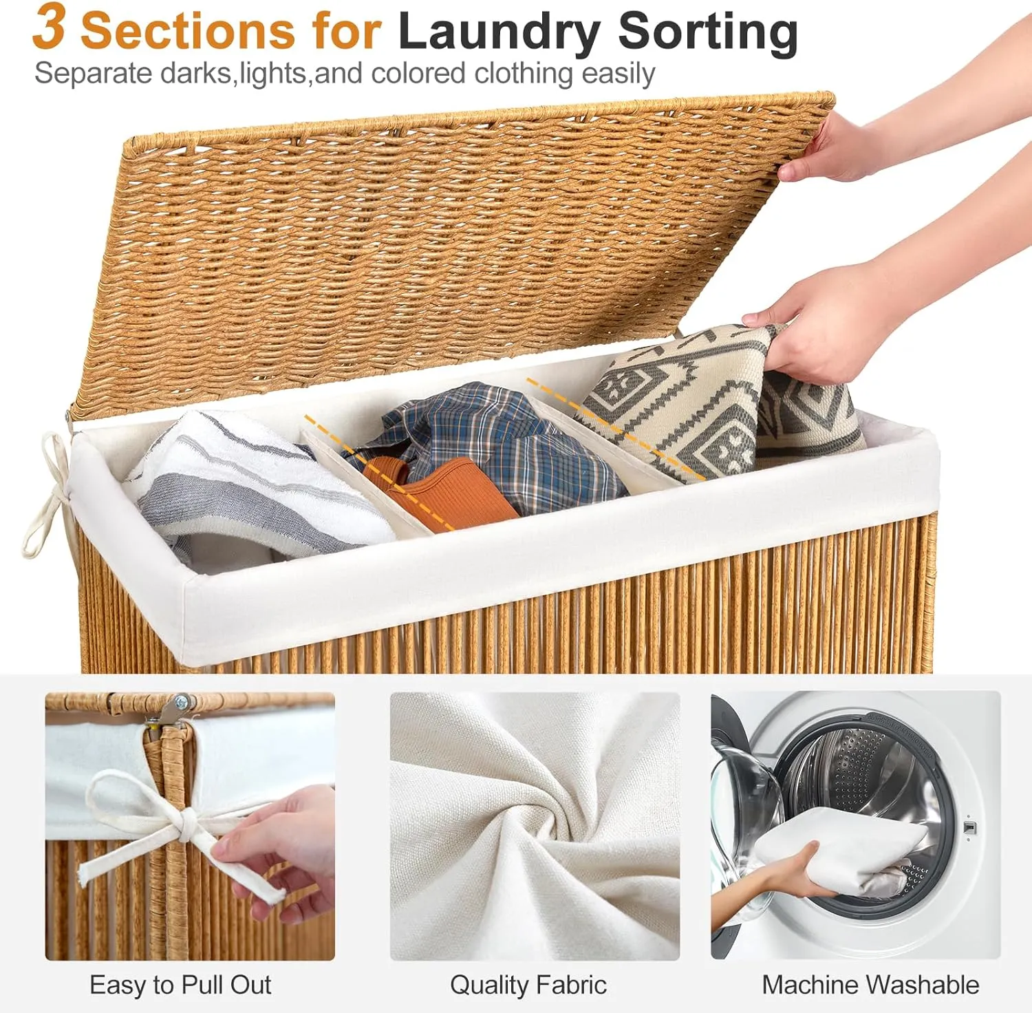 WOWLIVE Laundry Hamper with Wheels, 160L Handwoven Rolling Laundry Basket 3 Section with Lid, Clothes Hamper with Removable Liner Bags, Large Capacity Laundry Sorter Laundry Room Organization, Natural