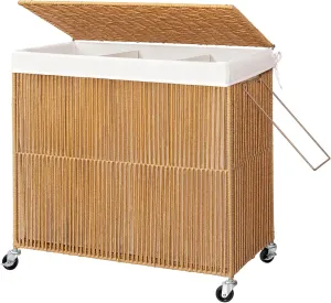 WOWLIVE Laundry Hamper with Wheels, 160L Handwoven Rolling Laundry Basket 3 Section with Lid, Clothes Hamper with Removable Liner Bags, Large Capacity Laundry Sorter Laundry Room Organization, Natural