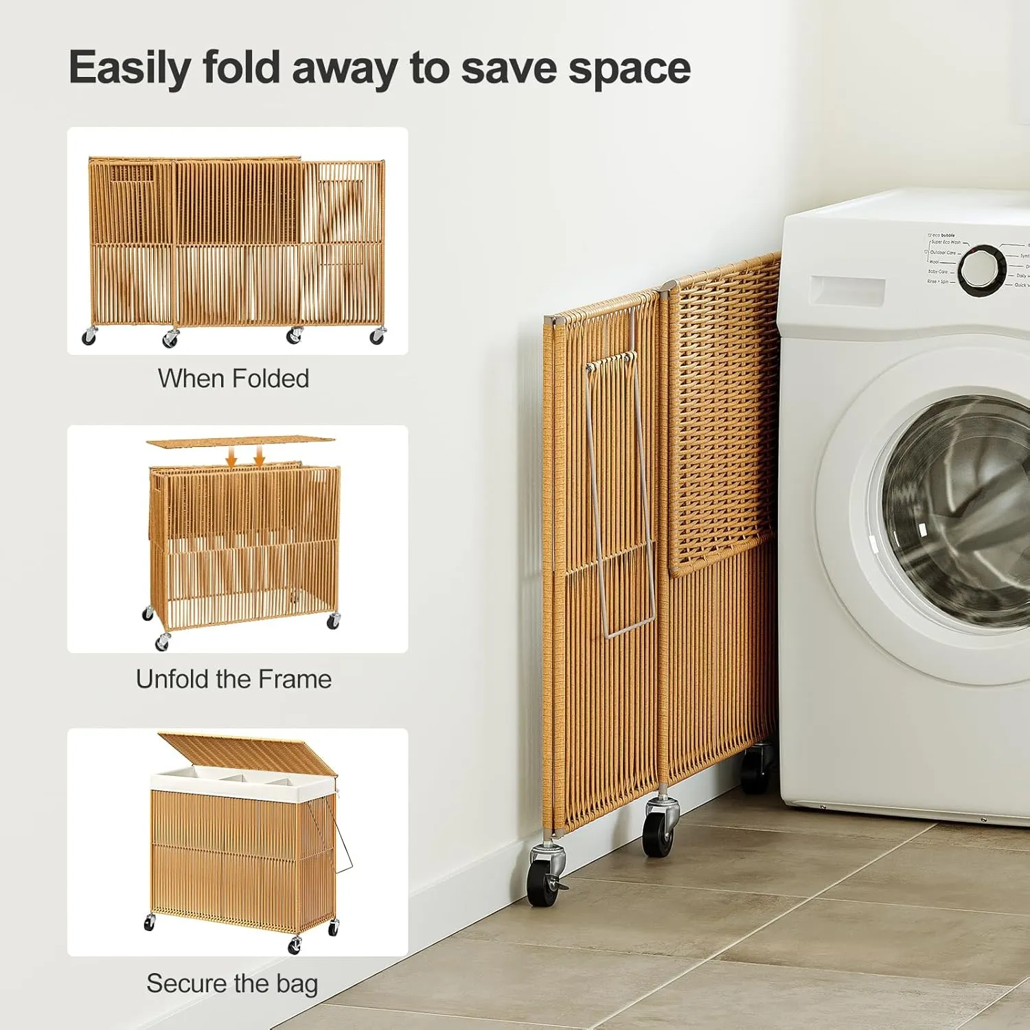 WOWLIVE Laundry Hamper with Wheels, 160L Handwoven Rolling Laundry Basket 3 Section with Lid, Clothes Hamper with Removable Liner Bags, Large Capacity Laundry Sorter Laundry Room Organization, Natural