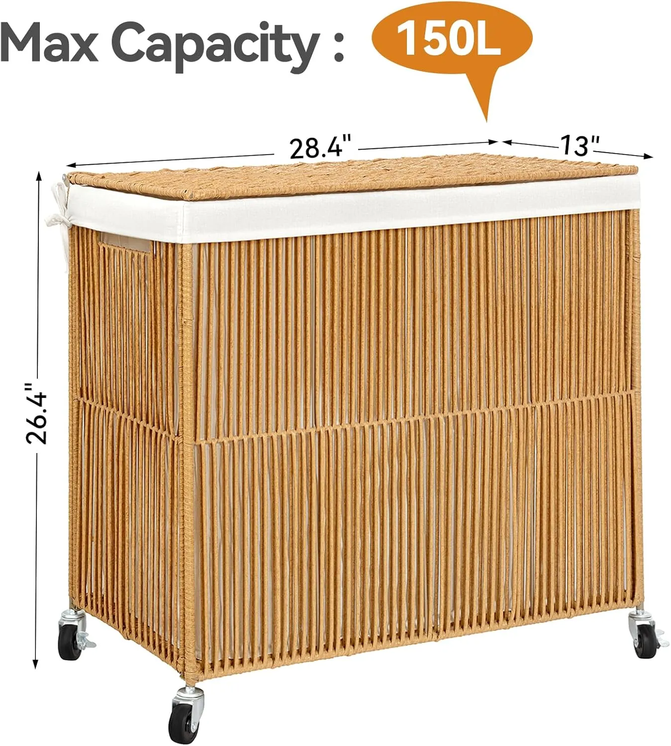 WOWLIVE Laundry Hamper with Wheels, 160L Handwoven Rolling Laundry Basket 3 Section with Lid, Clothes Hamper with Removable Liner Bags, Large Capacity Laundry Sorter Laundry Room Organization, Natural