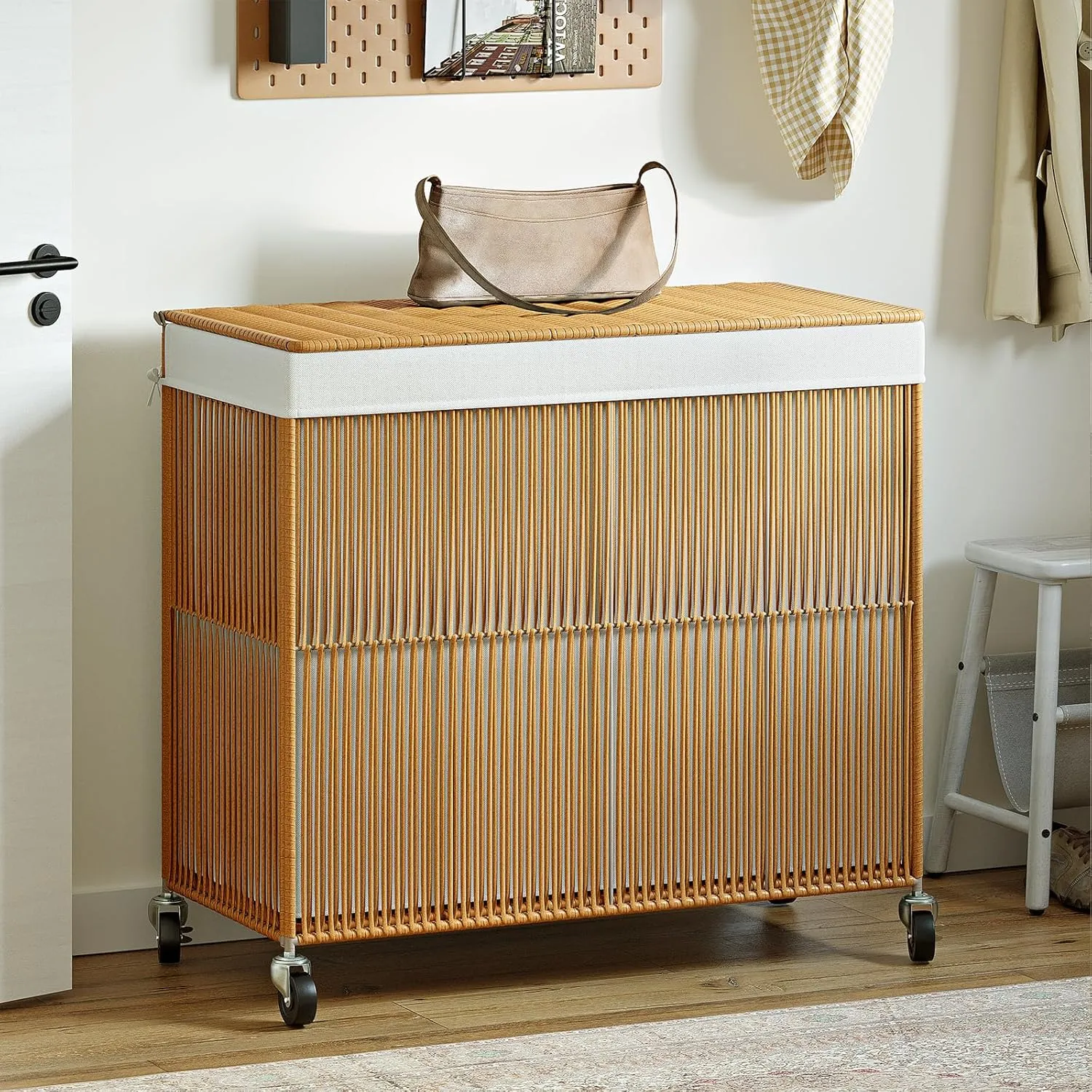 WOWLIVE Laundry Hamper with Wheels, 160L Handwoven Rolling Laundry Basket 3 Section with Lid, Clothes Hamper with Removable Liner Bags, Large Capacity Laundry Sorter Laundry Room Organization, Natural