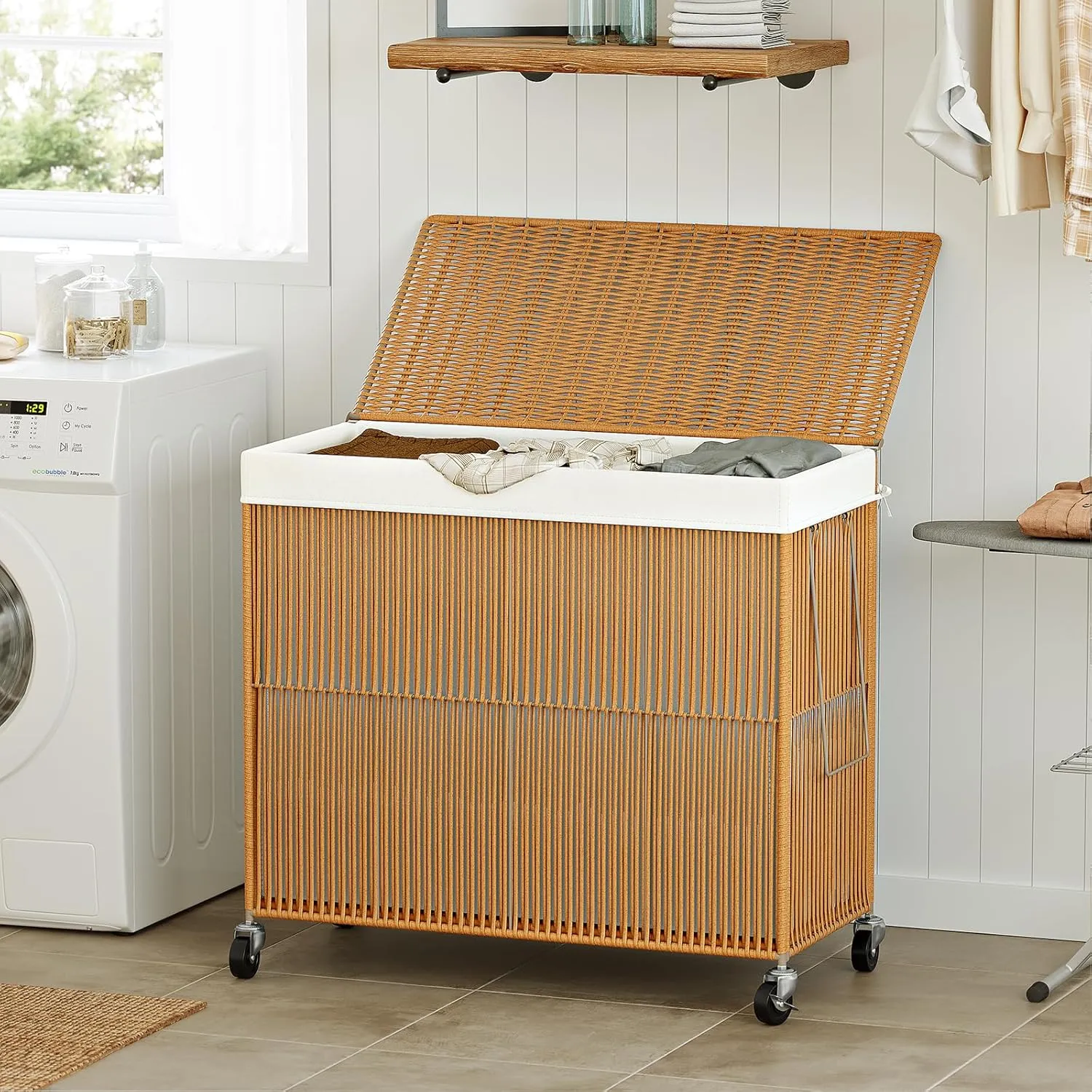 WOWLIVE Laundry Hamper with Wheels, 160L Handwoven Rolling Laundry Basket 3 Section with Lid, Clothes Hamper with Removable Liner Bags, Large Capacity Laundry Sorter Laundry Room Organization, Natural