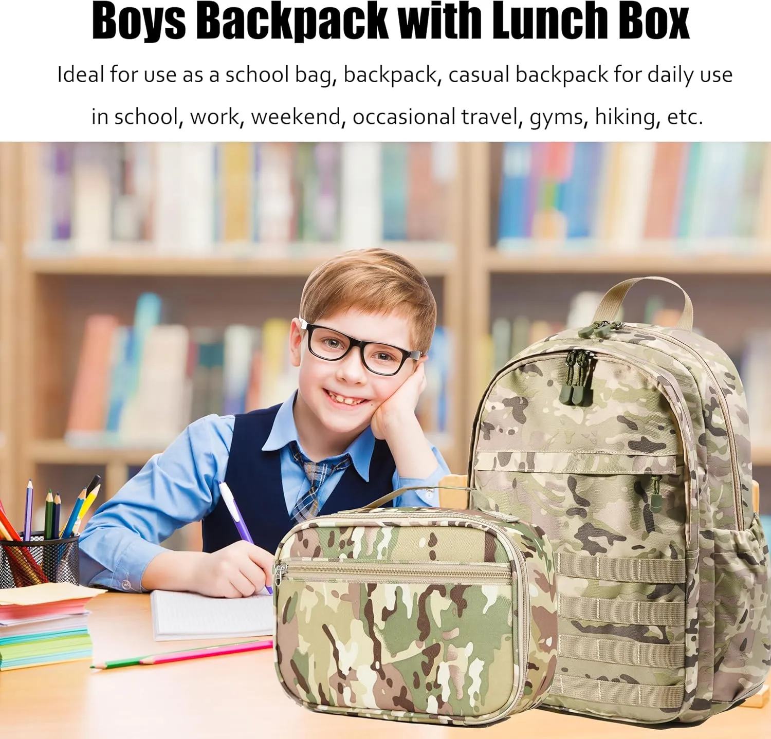 Wraifa Boys Backpack With Lunch Box Waterproof Kids School Bag Outdoor Travel Camping Daypack Camo Backpack for Boys Rucksack (Amy Green With Lunch Box, Large)