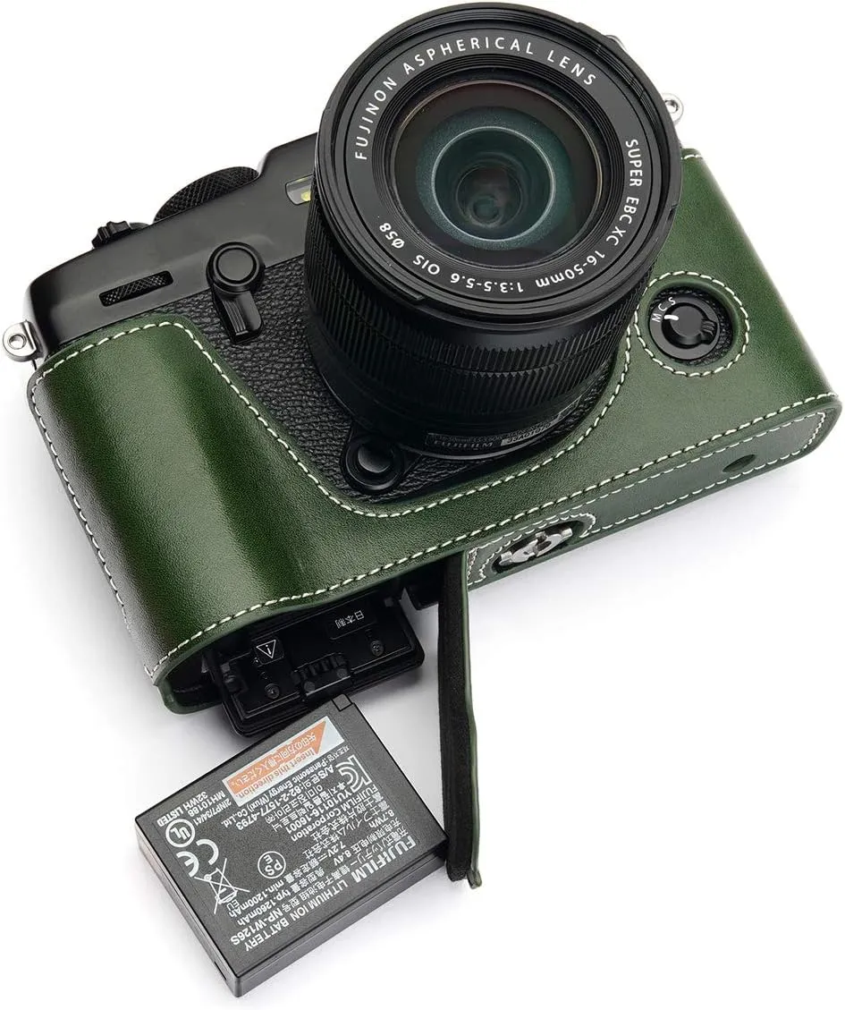 X-Pro3 Camera Case, BolinUS Handmade Genuine Real Leather Half Camera Case Bag Cover for Fujifilm Fuji X-Pro3 XPro3 X-Pro2 XPro2 Camera Bottom Opening Version   Hand Strap (Green)