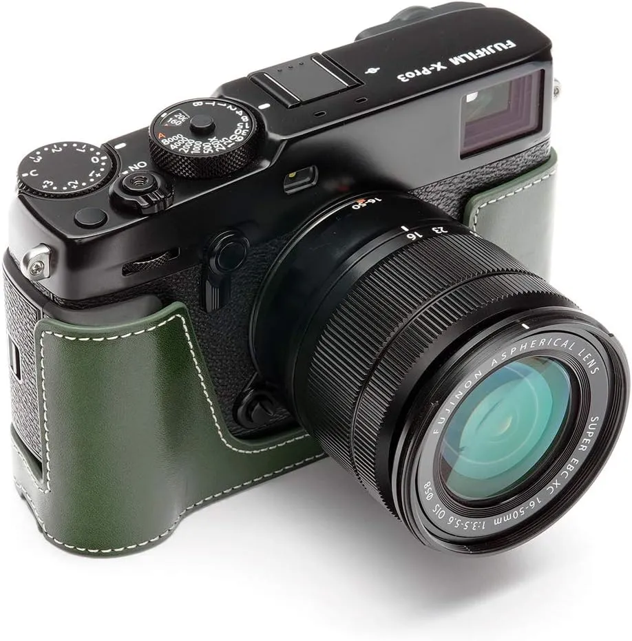 X-Pro3 Camera Case, BolinUS Handmade Genuine Real Leather Half Camera Case Bag Cover for Fujifilm Fuji X-Pro3 XPro3 X-Pro2 XPro2 Camera Bottom Opening Version   Hand Strap (Green)