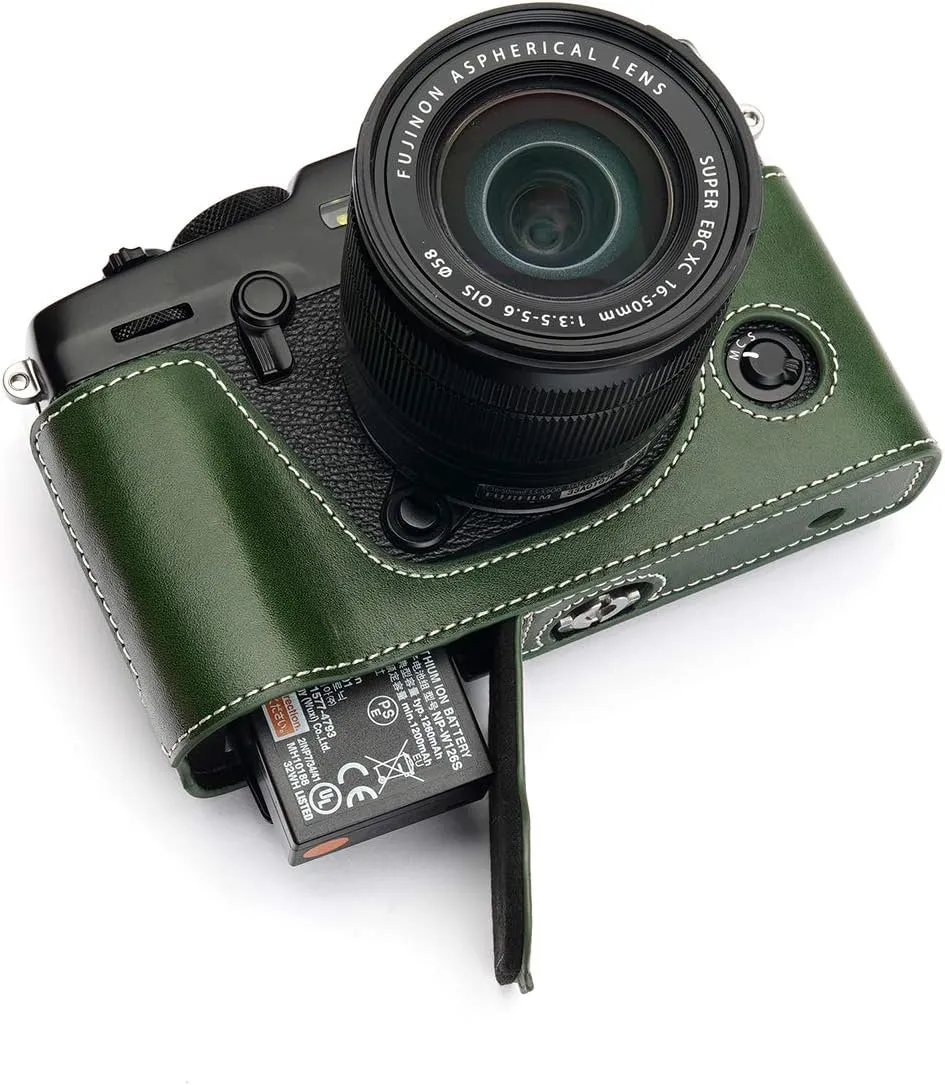 X-Pro3 Camera Case, BolinUS Handmade Genuine Real Leather Half Camera Case Bag Cover for Fujifilm Fuji X-Pro3 XPro3 X-Pro2 XPro2 Camera Bottom Opening Version   Hand Strap (Green)