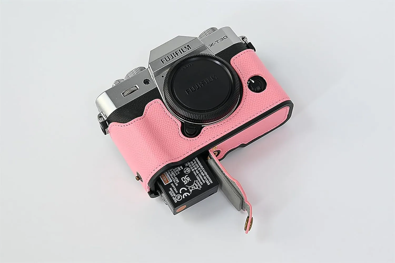 X-T30 Case, BMAOLLONGB Handmade PU Carbon Fibre Leather Half Camera Case Bag Cover Bottom Opening Version for Fujifilm X-T30 XT30 with Hand Strap (Pink)