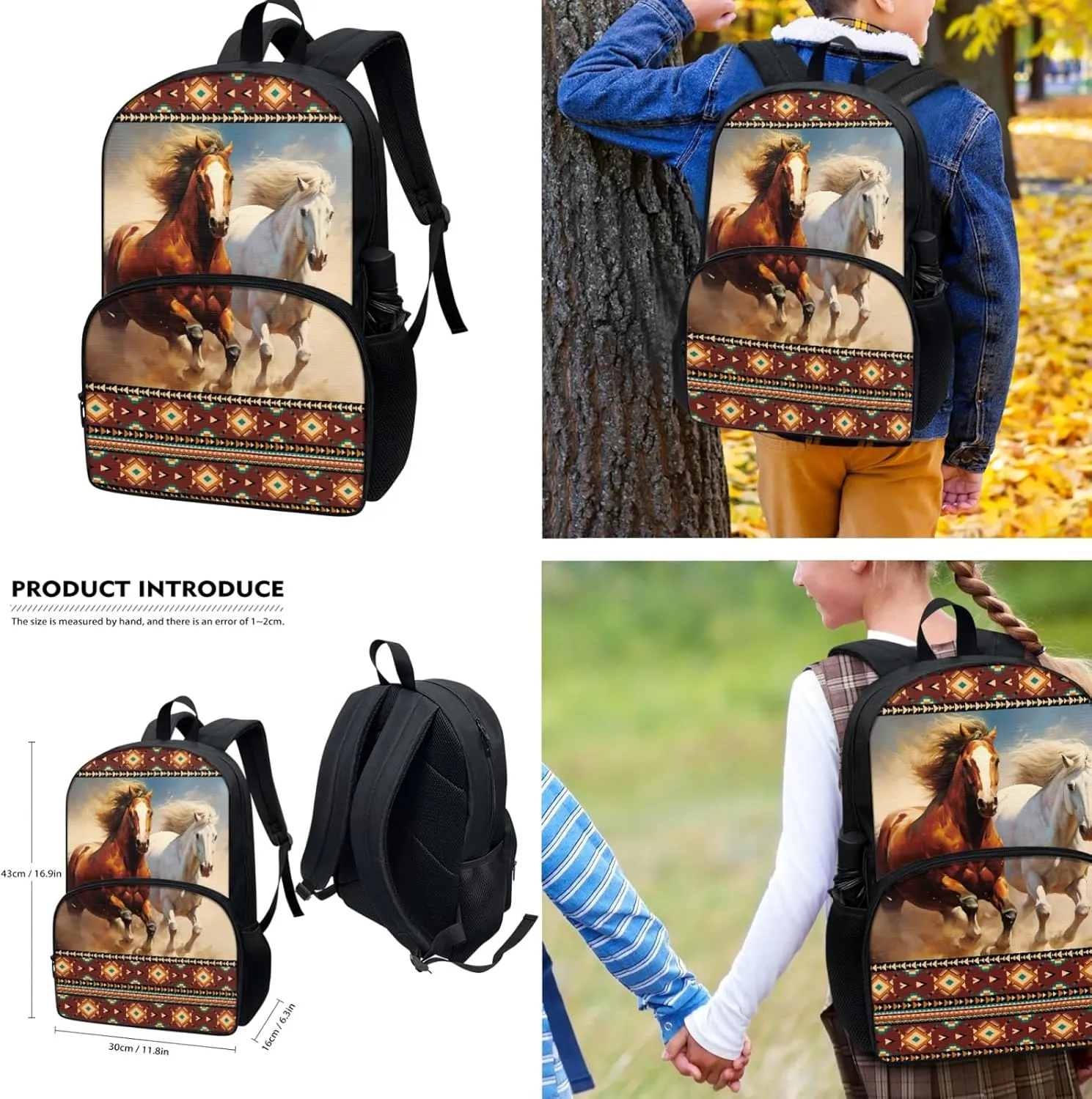 Xhuibop Aztec Tribal School Backpack with Lunch Bag for Boys 8-10 Desert Horse Book Bag and Lunch Box for Girls 5th Grade 3 PCS Kids School Bag Set Teenager Bookbag with Lunchbox Pencil Case