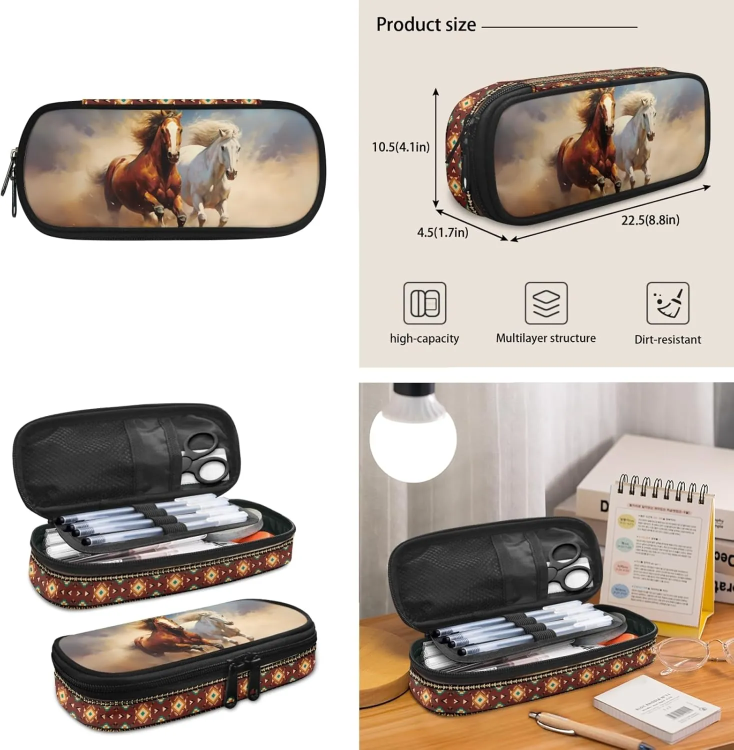 Xhuibop Aztec Tribal School Backpack with Lunch Bag for Boys 8-10 Desert Horse Book Bag and Lunch Box for Girls 5th Grade 3 PCS Kids School Bag Set Teenager Bookbag with Lunchbox Pencil Case