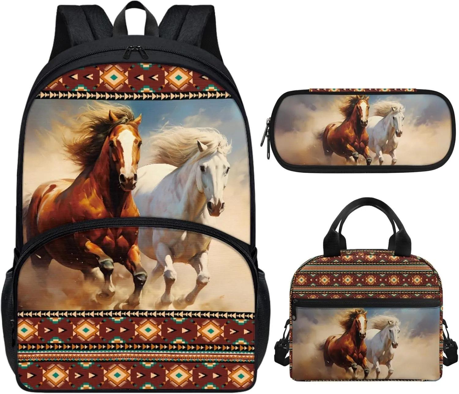 Xhuibop Aztec Tribal School Backpack with Lunch Bag for Boys 8-10 Desert Horse Book Bag and Lunch Box for Girls 5th Grade 3 PCS Kids School Bag Set Teenager Bookbag with Lunchbox Pencil Case