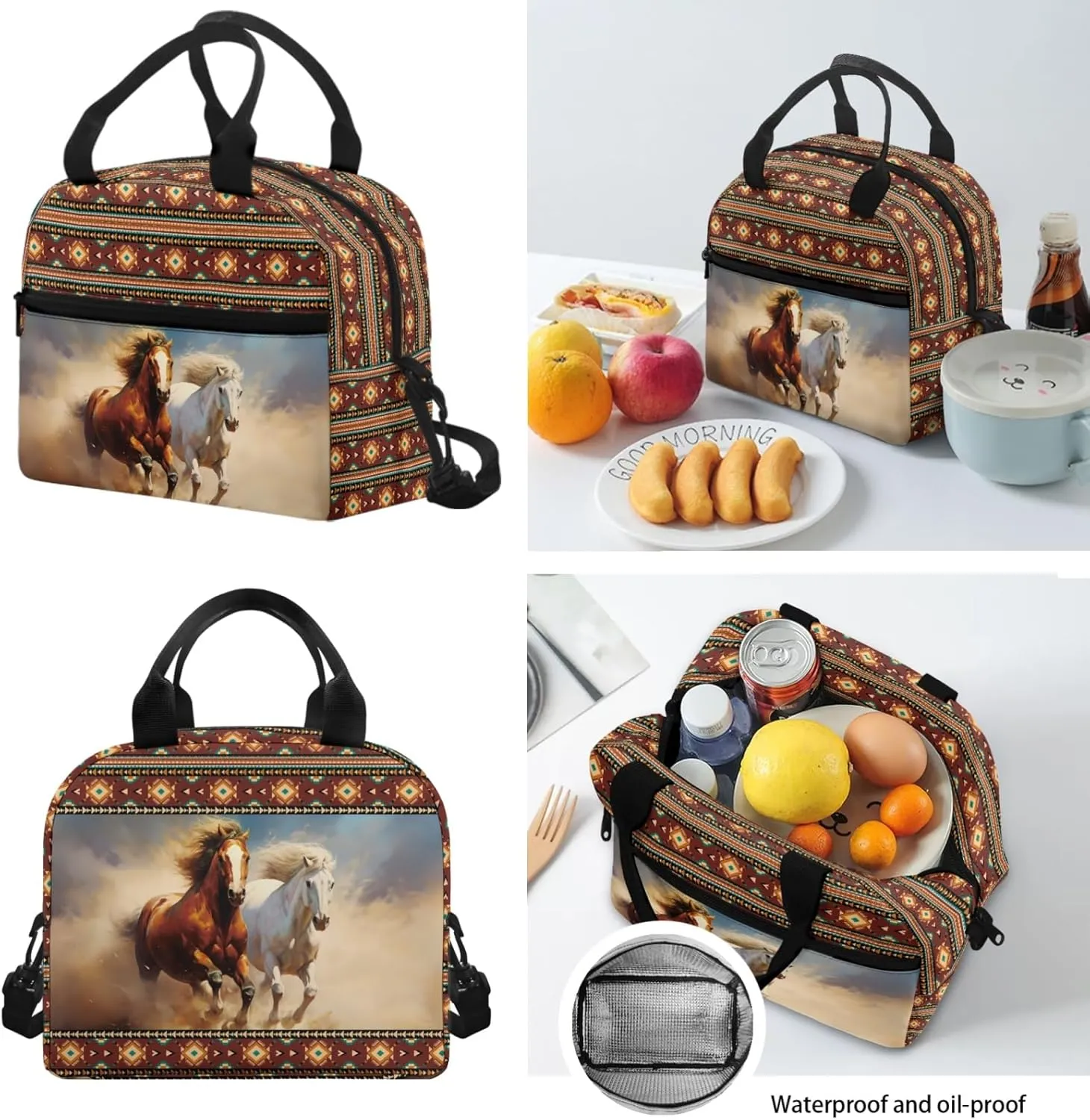 Xhuibop Aztec Tribal School Backpack with Lunch Bag for Boys 8-10 Desert Horse Book Bag and Lunch Box for Girls 5th Grade 3 PCS Kids School Bag Set Teenager Bookbag with Lunchbox Pencil Case