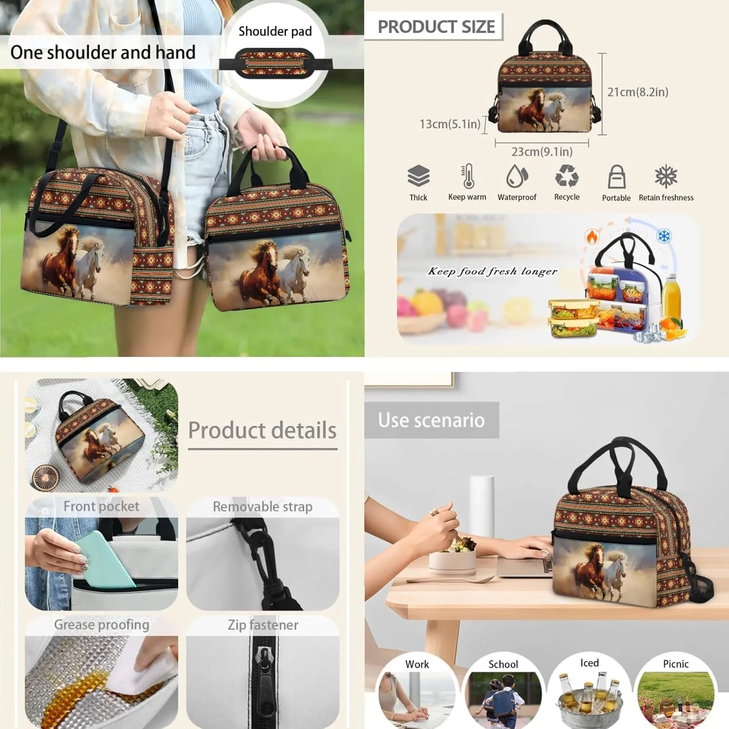 Xhuibop Aztec Tribal School Backpack with Lunch Bag for Boys 8-10 Desert Horse Book Bag and Lunch Box for Girls 5th Grade 3 PCS Kids School Bag Set Teenager Bookbag with Lunchbox Pencil Case