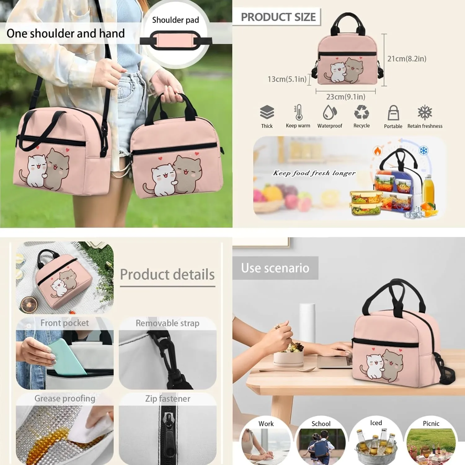 Xhuibop Cartoon Cat Kids Backpack with Lunch Box for Girls 8-10 Cute Book Bag with Lunchbox Pencil Case 3 PCS Bookbag with Lunch Bag Set Children School Bag for 4th Grade Girls