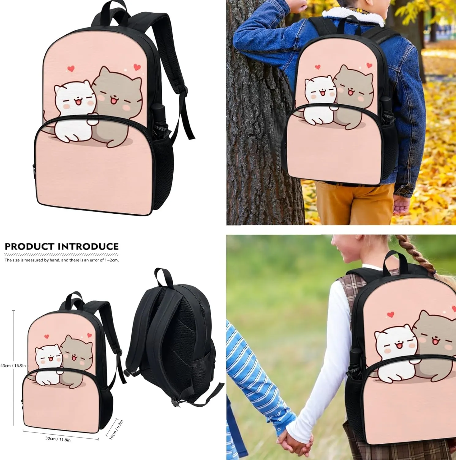 Xhuibop Cartoon Cat Kids Backpack with Lunch Box for Girls 8-10 Cute Book Bag with Lunchbox Pencil Case 3 PCS Bookbag with Lunch Bag Set Children School Bag for 4th Grade Girls