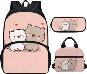 Xhuibop Cartoon Cat Kids Backpack with Lunch Box for Girls 8-10 Cute Book Bag with Lunchbox Pencil Case 3 PCS Bookbag with Lunch Bag Set Children School Bag for 4th Grade Girls
