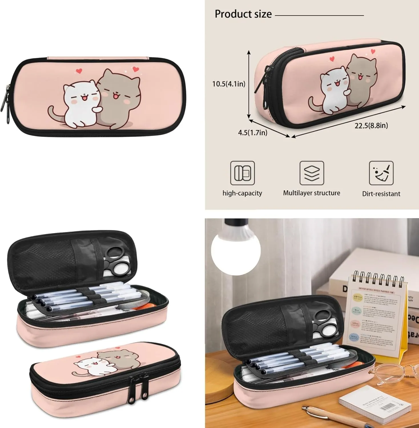 Xhuibop Cartoon Cat Kids Backpack with Lunch Box for Girls 8-10 Cute Book Bag with Lunchbox Pencil Case 3 PCS Bookbag with Lunch Bag Set Children School Bag for 4th Grade Girls