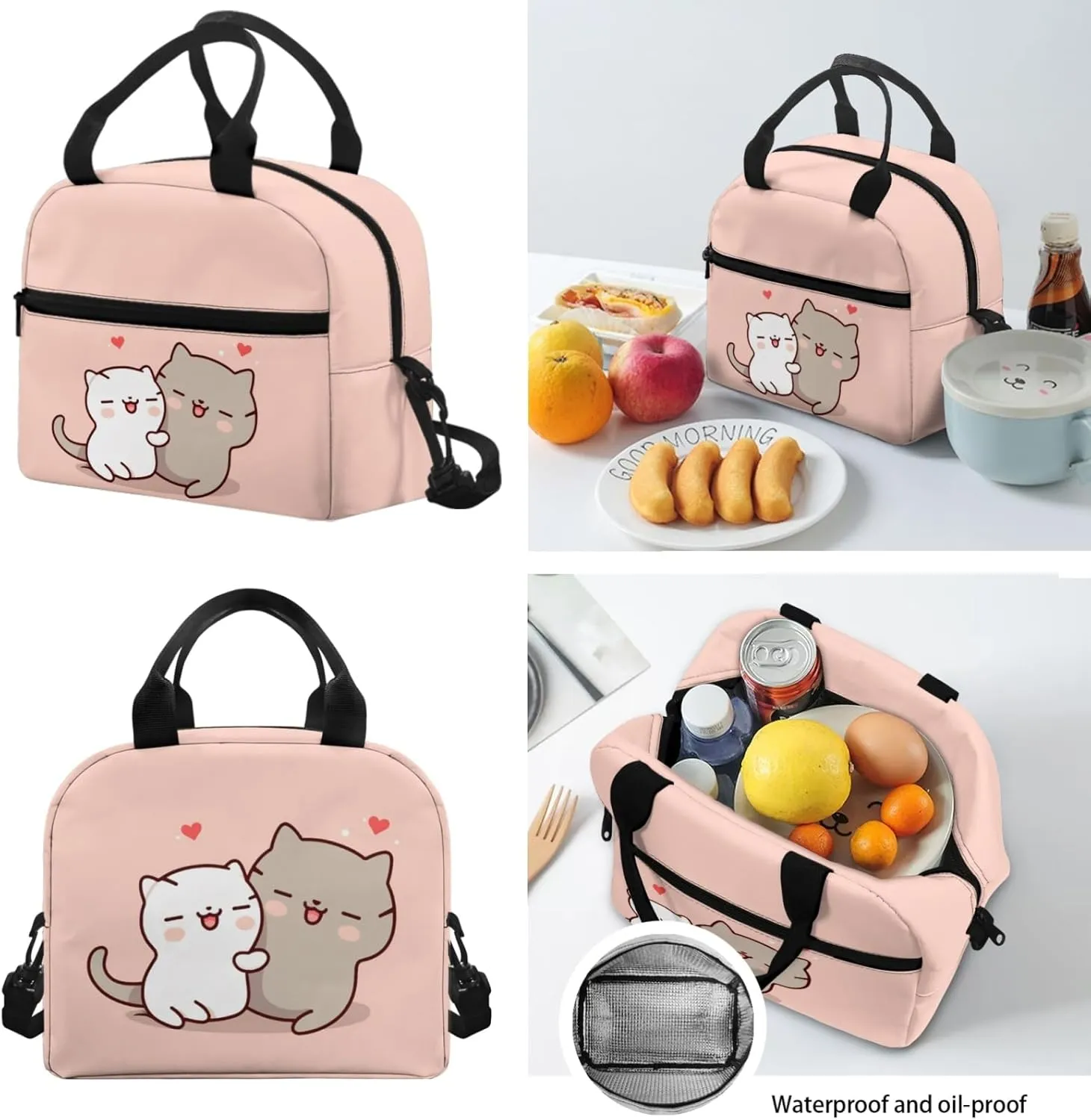 Xhuibop Cartoon Cat Kids Backpack with Lunch Box for Girls 8-10 Cute Book Bag with Lunchbox Pencil Case 3 PCS Bookbag with Lunch Bag Set Children School Bag for 4th Grade Girls