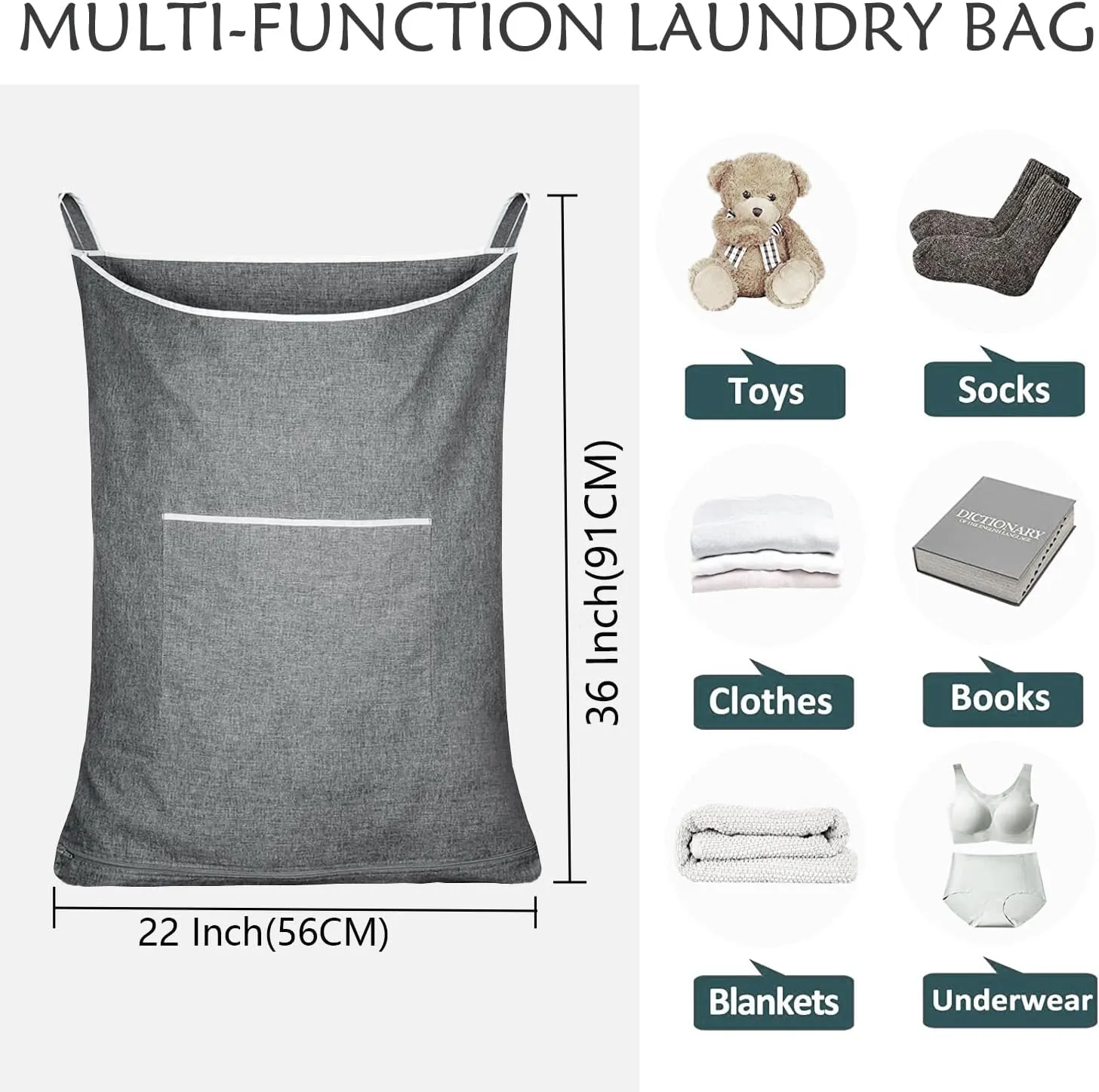 XL Large Hanging Laundry Hamper, Over the Door Laundry Bag with Zipper and Wide Open Top,Hanging Hamper for Storage Laundry, Clothes, Toys,36x 22 Inch, Heather Grey 2Pack.