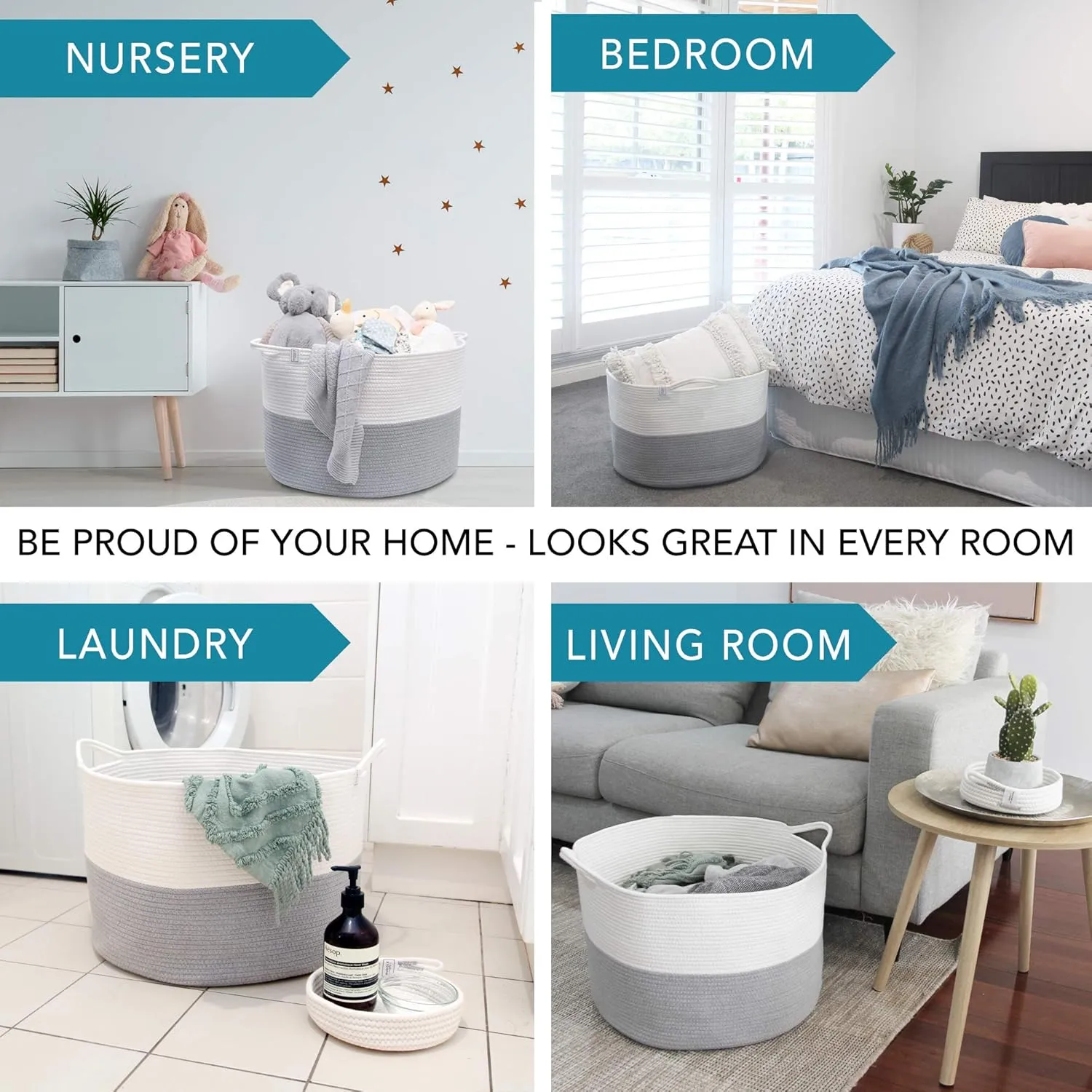 XXXL WASHABLE Large Blanket Basket 85L 2PCs Handmade Decorative Woven Baskets for Storage - Soft Durable XXX Large Cotton Rope Blanket Storage for Living Room, Toys, Organizer 22" x 14" (Grey/White)