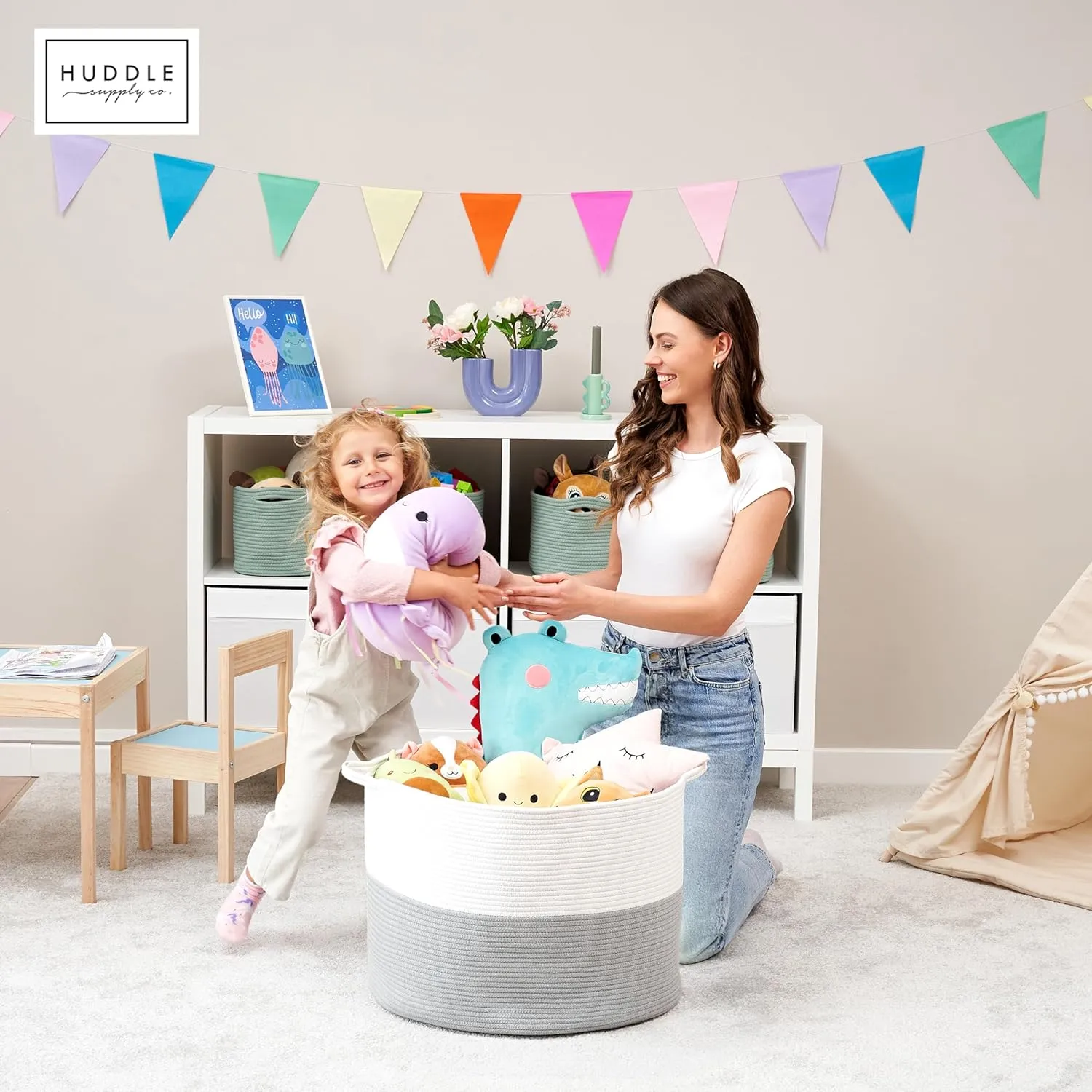 XXXL WASHABLE Large Blanket Basket 85L 2PCs Handmade Decorative Woven Baskets for Storage - Soft Durable XXX Large Cotton Rope Blanket Storage for Living Room, Toys, Organizer 22" x 14" (Grey/White)