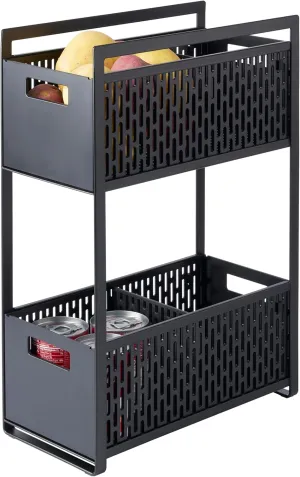 Yamazaki Home Tower 2 Tier Sliding Baskets Organizer Rack For Pantry Or Under Sink Storage - Space-Saving Solution For Spices, Cans, Cleaning Goods - Abs Plastic -