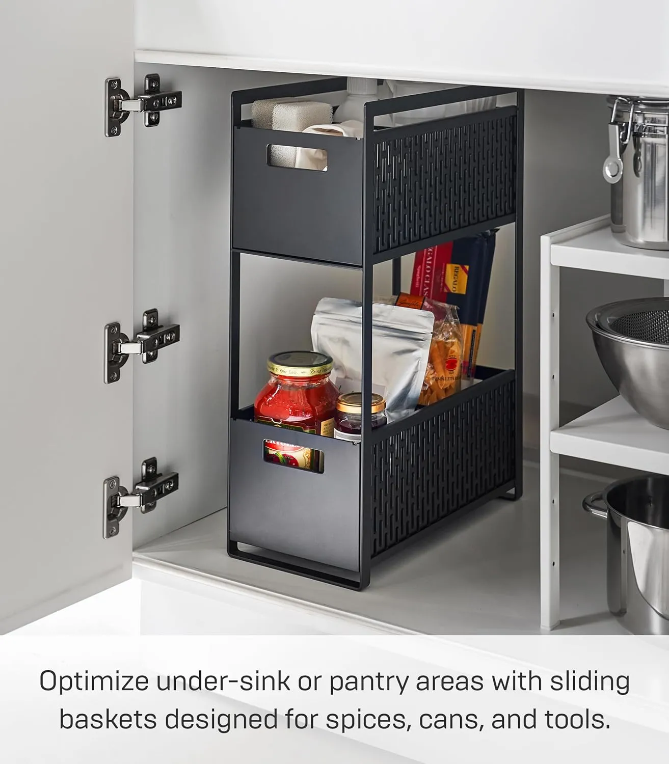 Yamazaki Home Tower 2 Tier Sliding Baskets Organizer Rack For Pantry Or Under Sink Storage - Space-Saving Solution For Spices, Cans, Cleaning Goods - Abs Plastic -