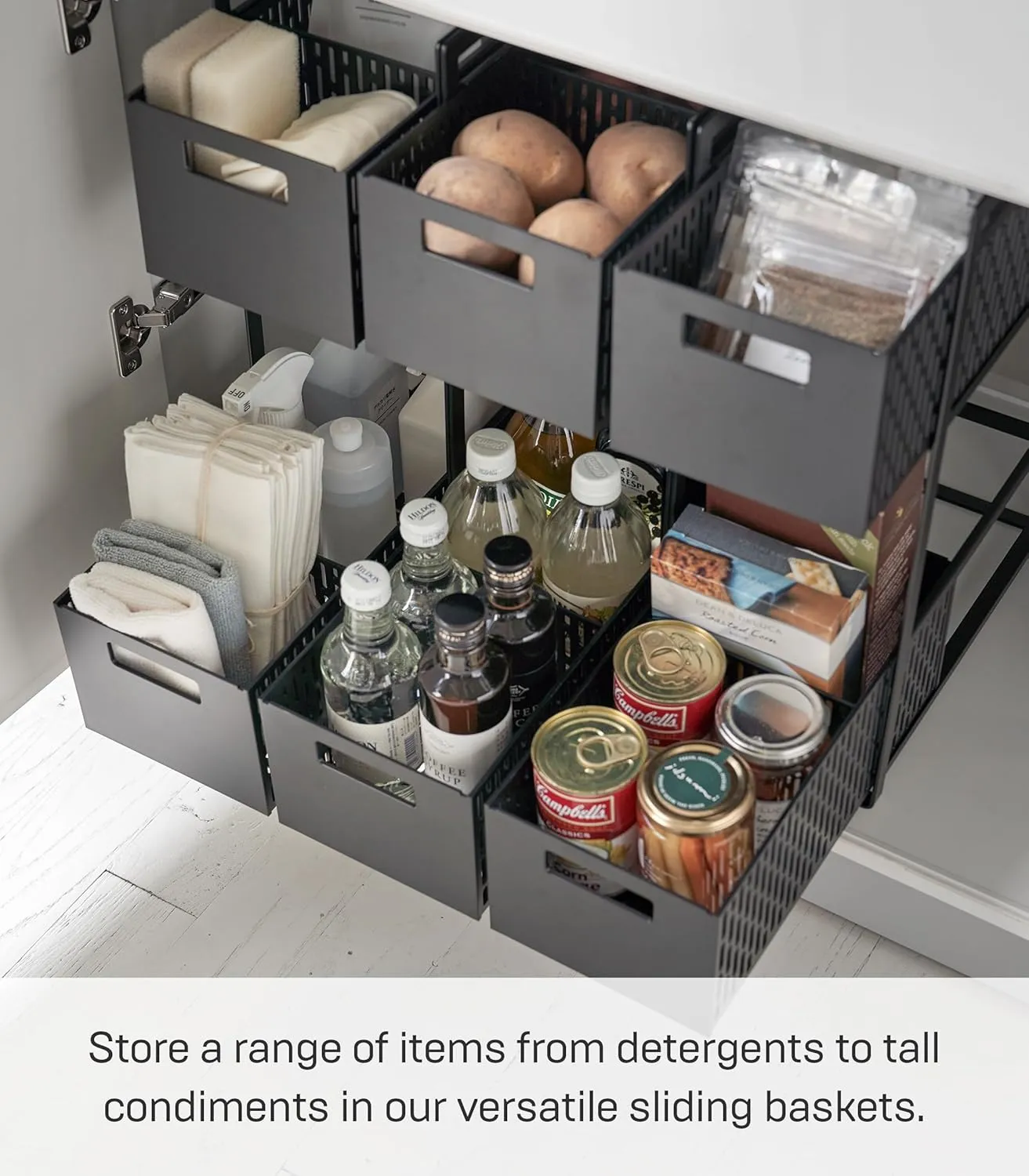 Yamazaki Home Tower 2 Tier Sliding Baskets Organizer Rack For Pantry Or Under Sink Storage - Space-Saving Solution For Spices, Cans, Cleaning Goods - Abs Plastic -