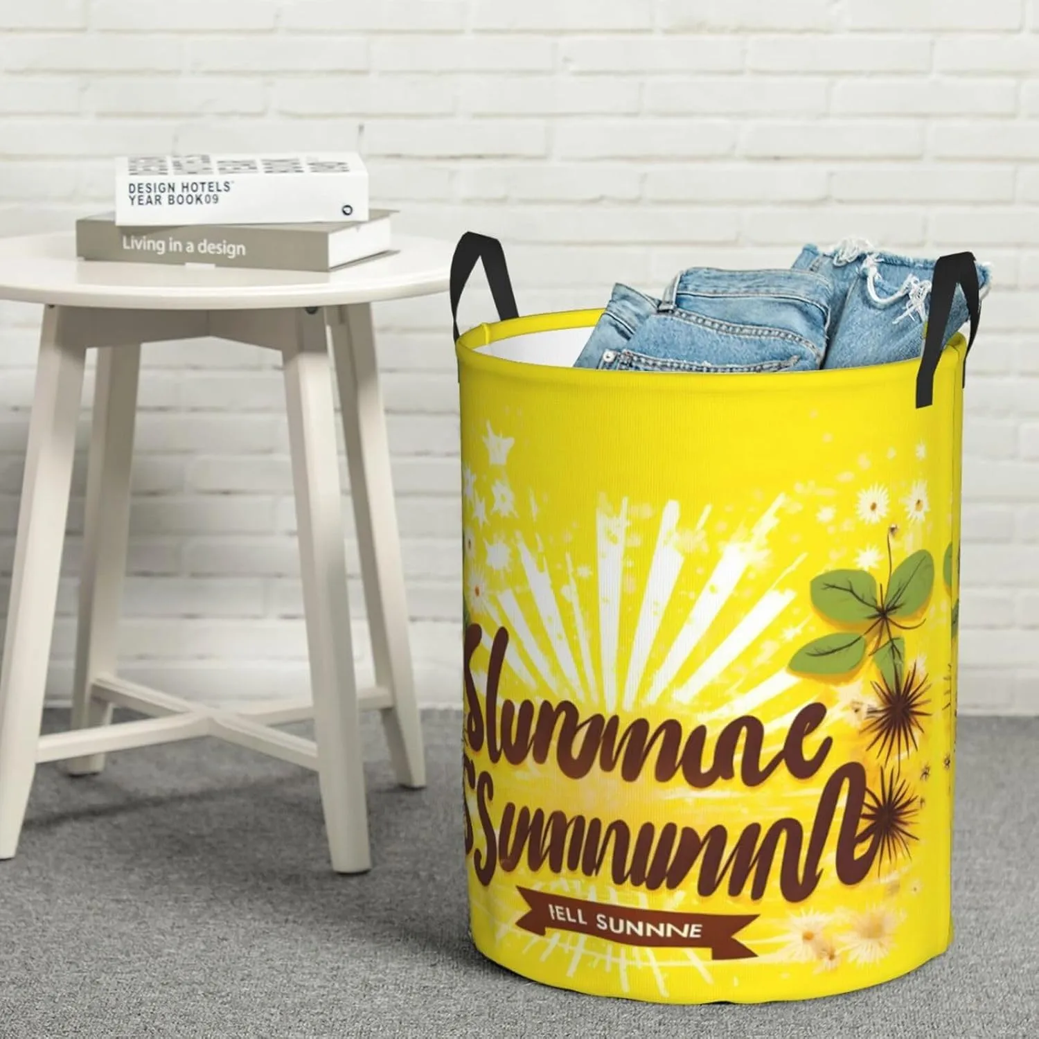 Yellow Background With Hello Sunshine Large Laundry Hampers, Collapsible Tall Clothes Baskets, Washing Bag For Bathroom, Bedrooms