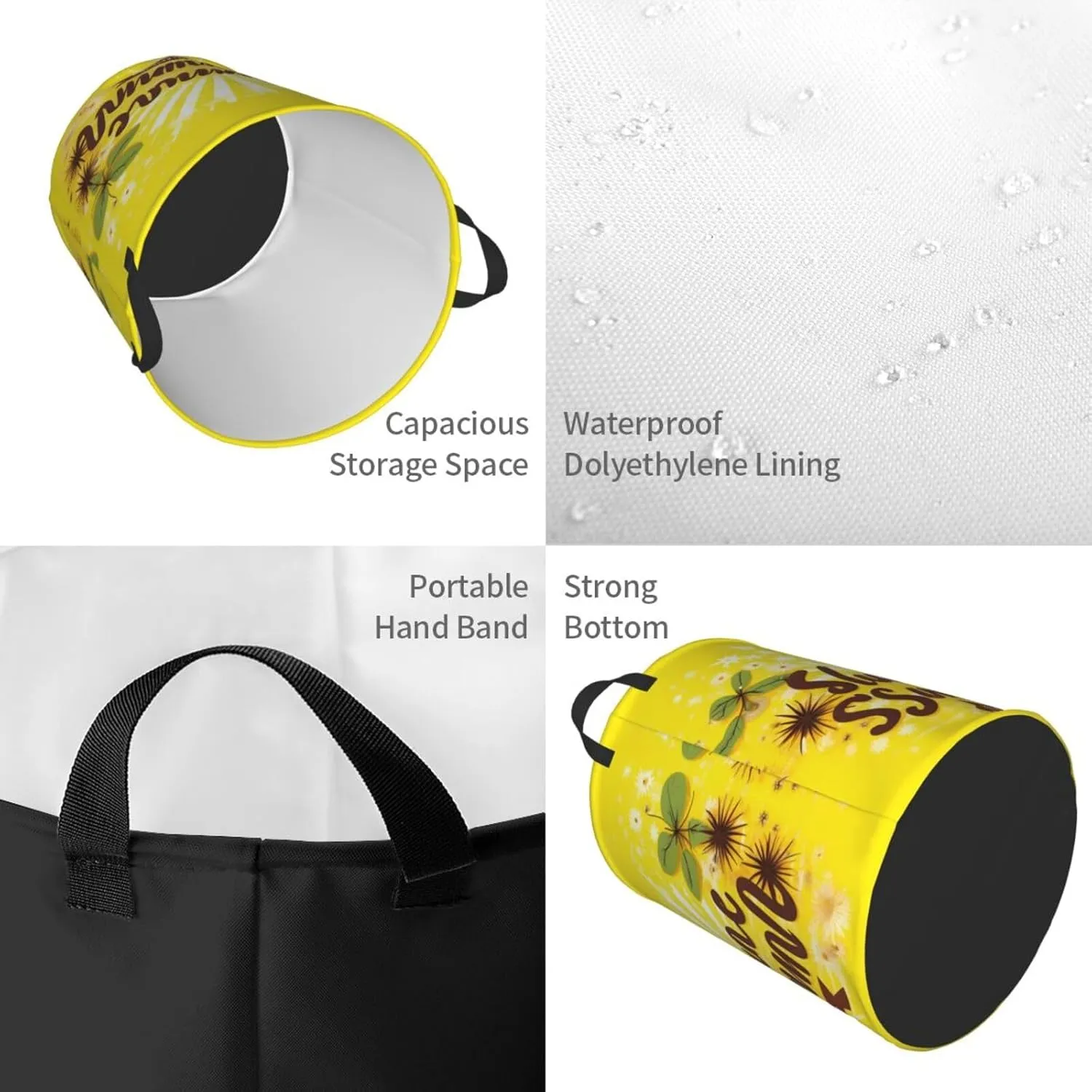 Yellow Background With Hello Sunshine Large Laundry Hampers, Collapsible Tall Clothes Baskets, Washing Bag For Bathroom, Bedrooms