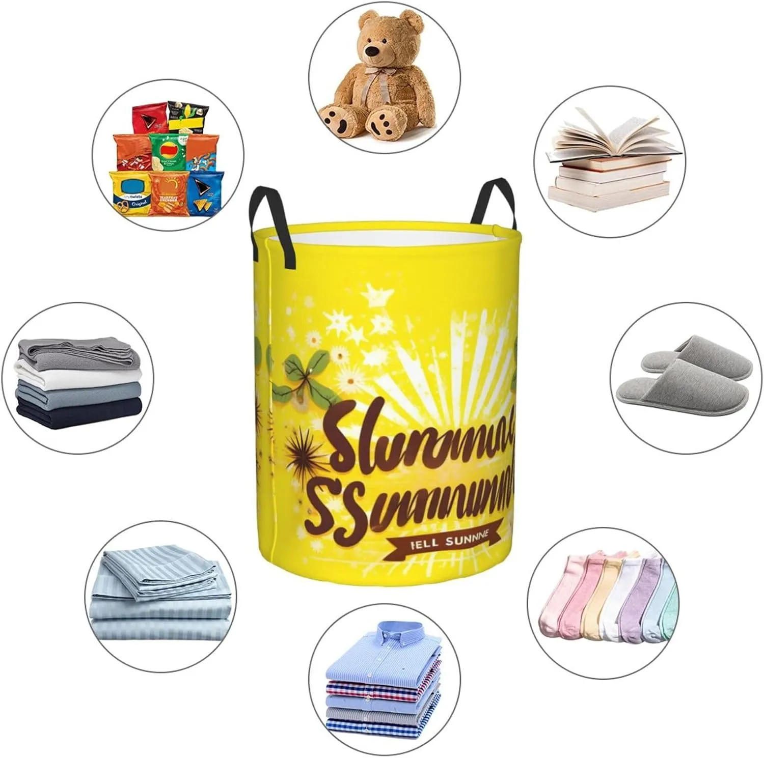 Yellow Background With Hello Sunshine Large Laundry Hampers, Collapsible Tall Clothes Baskets, Washing Bag For Bathroom, Bedrooms