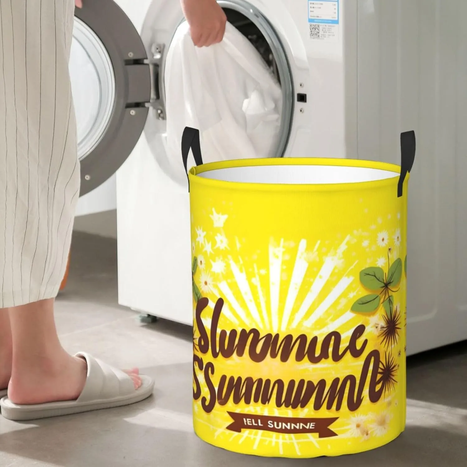 Yellow Background With Hello Sunshine Large Laundry Hampers, Collapsible Tall Clothes Baskets, Washing Bag For Bathroom, Bedrooms