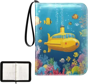 Yellow Submarine Fish Coral Card Binder 4 Pocket, Trading Card Holder Fits 400 Game Cards with 50 Removable Sleeves, MTG Card Case Standard Size