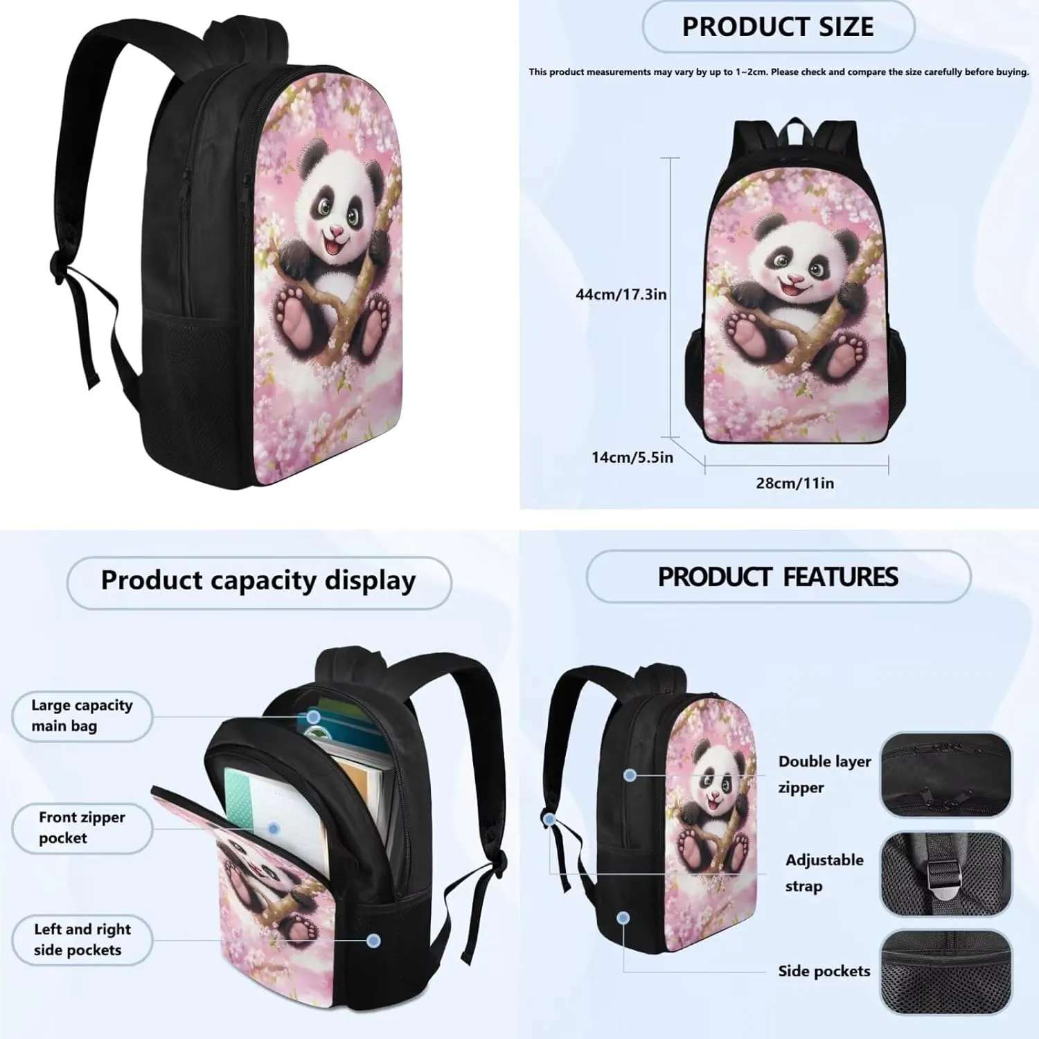 YEXIATODO Cherry Blossom Panda Boys Girls Kids School Backpack Set with Lunch Box Pencil Case Water Bottle Holder Bookbag for Elementary Middle High School Portable Spacious School Bag