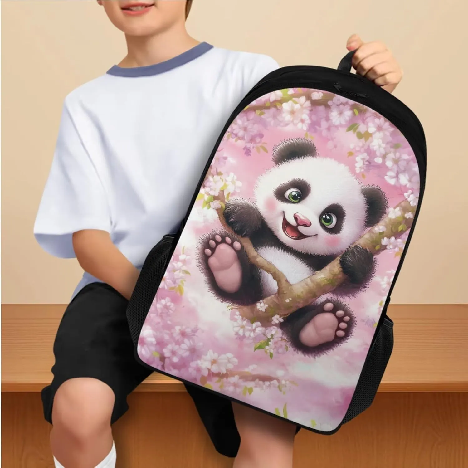 YEXIATODO Cherry Blossom Panda Boys Girls Kids School Backpack Set with Lunch Box Pencil Case Water Bottle Holder Bookbag for Elementary Middle High School Portable Spacious School Bag